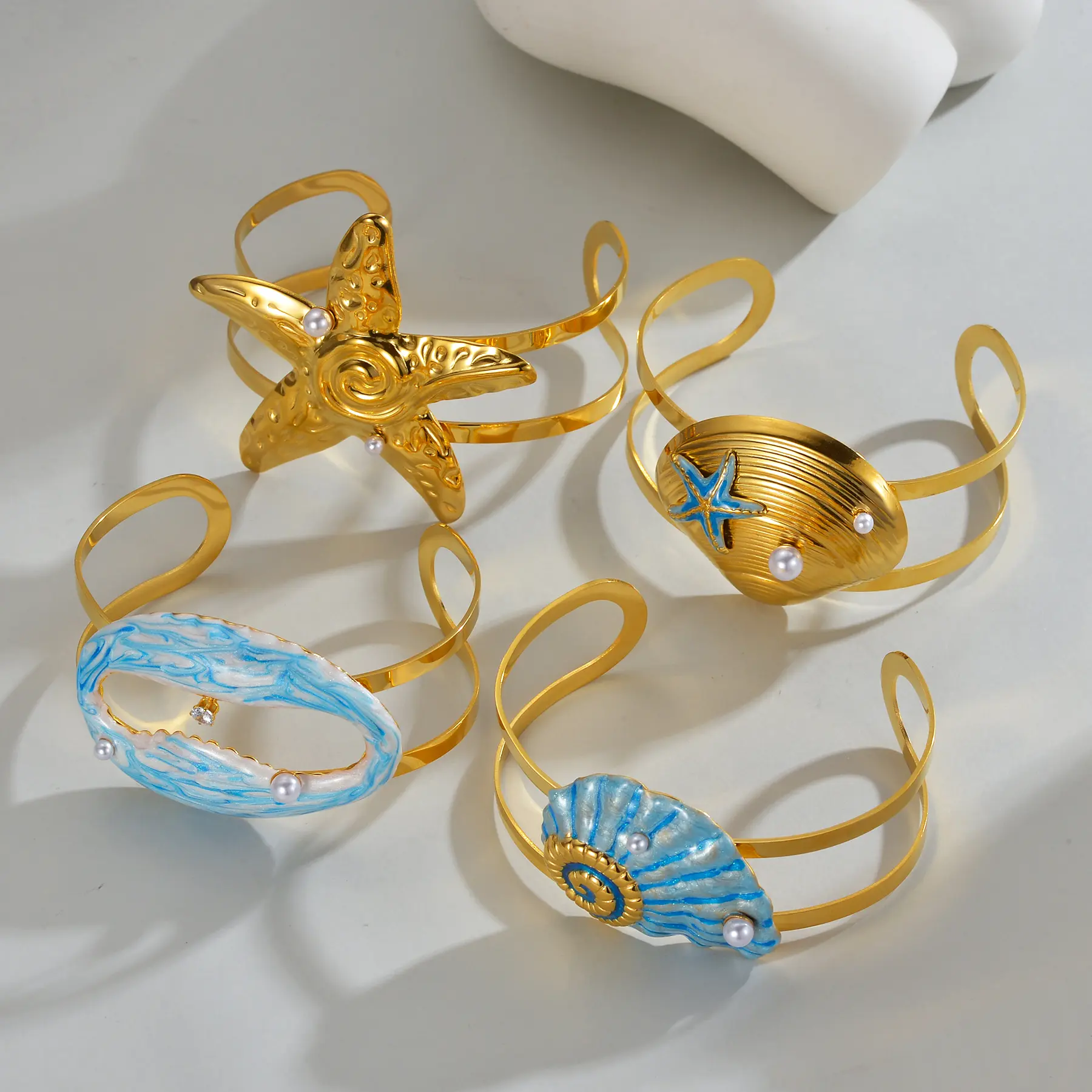 Freeteeme Trending Ocean Element Starfish Cuff Bangles for Women Stainless Steel Open Bracelet Summer Beach Party Jewelry Gifts