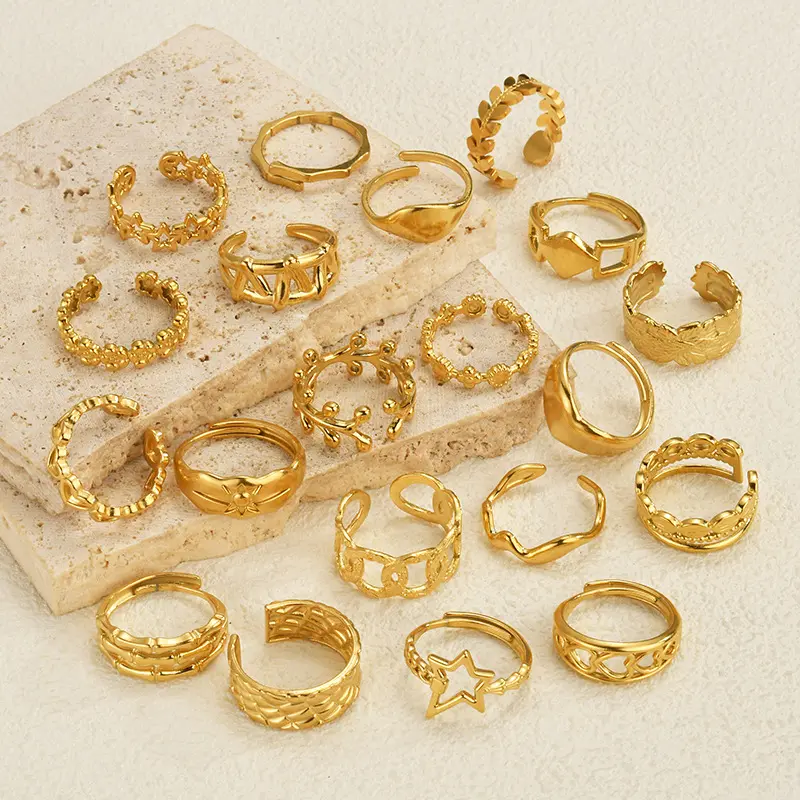 Freeteeme Various Style Open Size 14K Gold Plated Rings for Women Men Stainless Steel Fashion Flower Heart Couple Ring Jewelry
