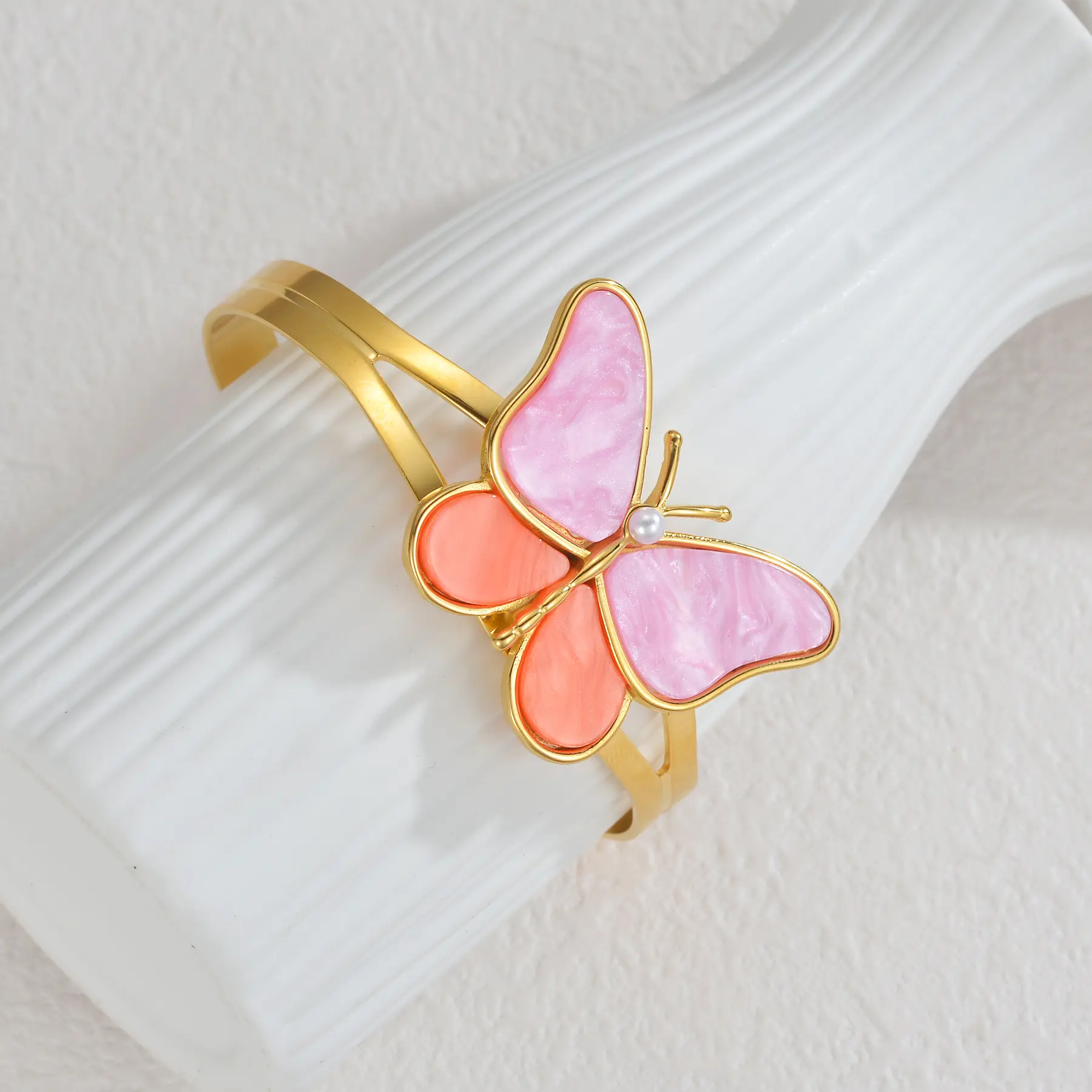 Freeteeme Stylish Colorful Butterfly Cuff Bangle for Women Stainless Steel Inlaid Pearl Open Bracelet Gold Color Birthday Gifts