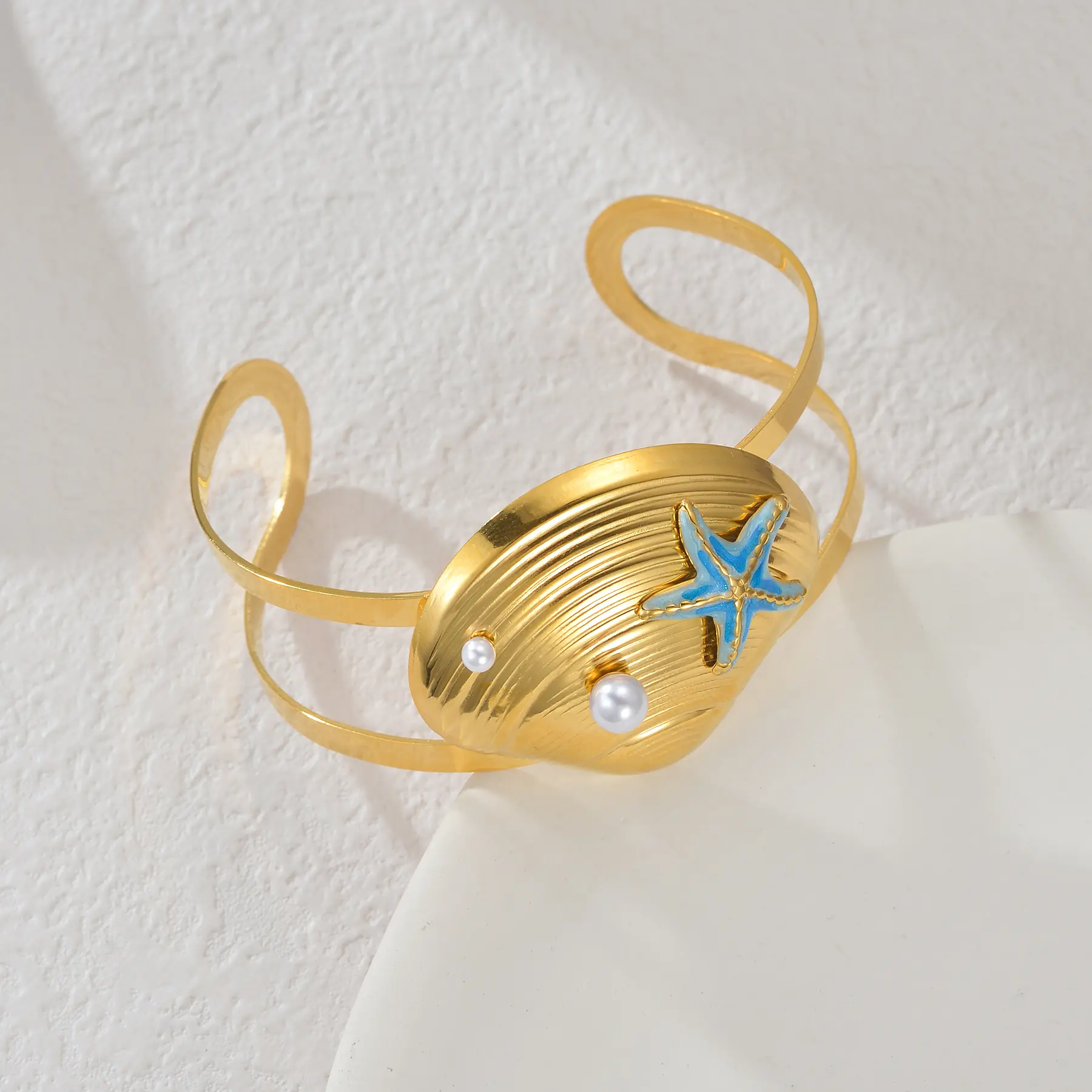 Freeteeme Trending Ocean Element Starfish Cuff Bangles for Women Stainless Steel Open Bracelet Summer Beach Party Jewelry Gifts