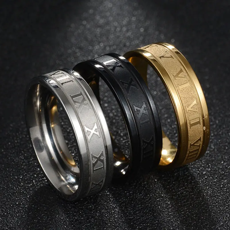 Freeteeme Vintage Roman Numbers 6mm Width Ring Wedding Fashion Stainless Steel Couple Rings for Woman Men Jewelry Birthday Gifts
