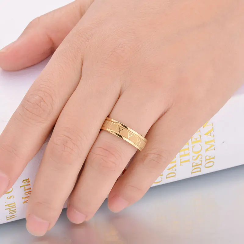 Freeteeme Vintage Roman Numbers 6mm Width Ring Wedding Fashion Stainless Steel Couple Rings for Woman Men Jewelry Birthday Gifts