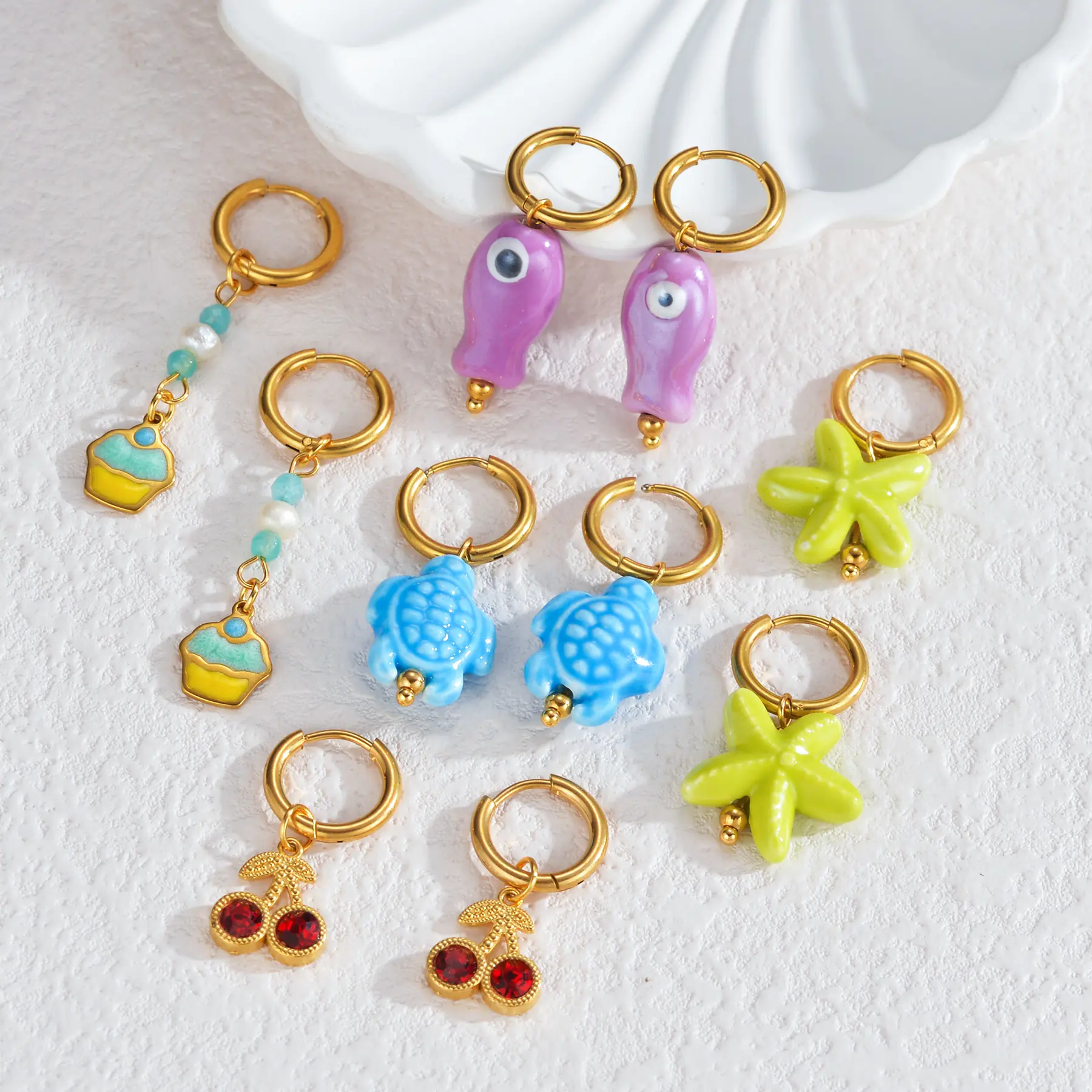 Freeteeme Lovely Various Style Dangle Earrings Cute Cherry Fish Starfish Charms Cute Ear Clip Gold Color Jewelry Birthday Gifts