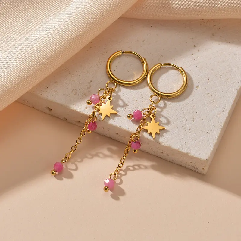 Freeteeme Bohemia 4 Colors Beads Tassel  Earrings for Women Mom  Stainless Steel Star Dangle Earrings Birthday Jewelry Gifts