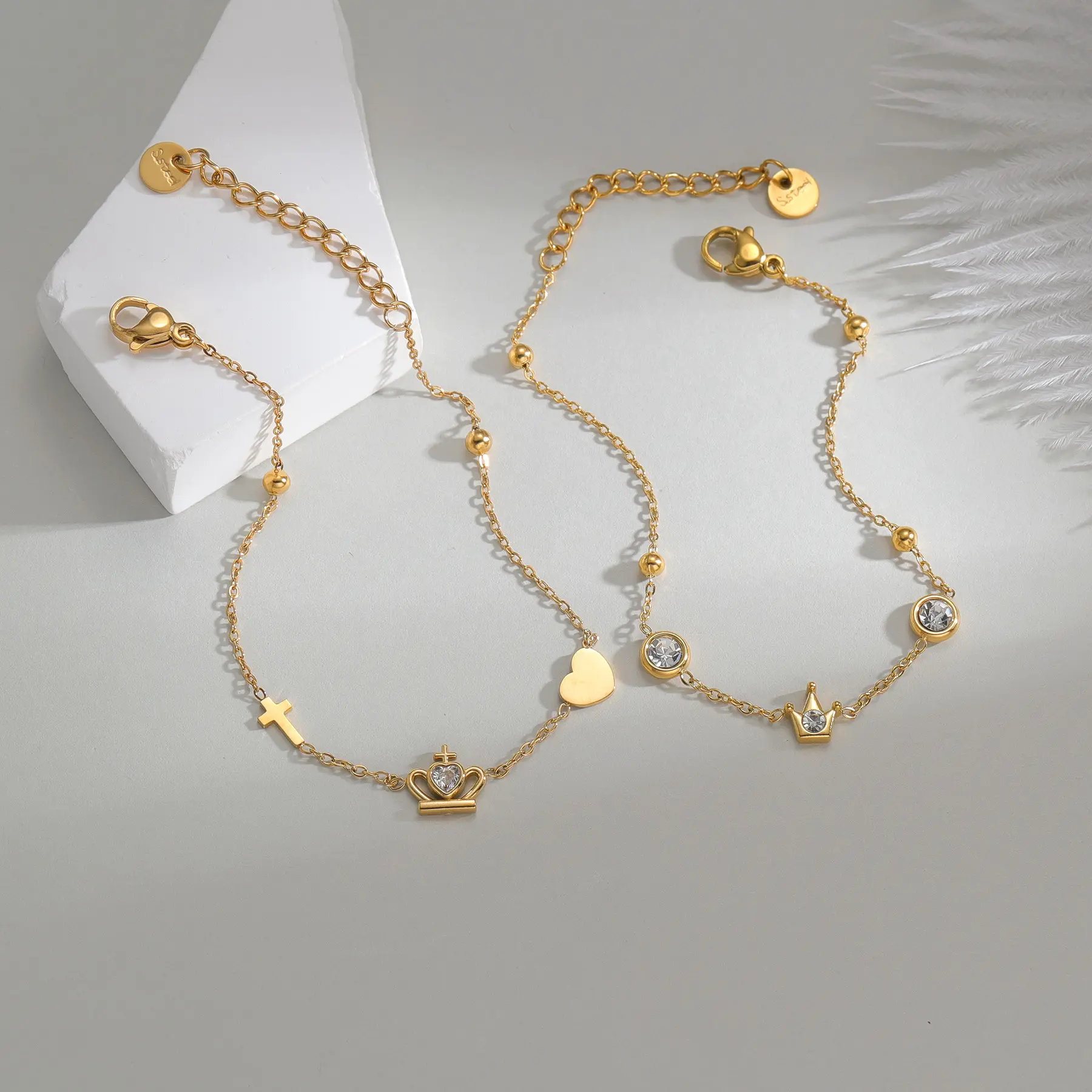 Freeteeme New Multi-element Zircon Heart Bracelet for Women Girls Stainless Steel Stone Crown Ocean Holiday Summer Party Jewelry