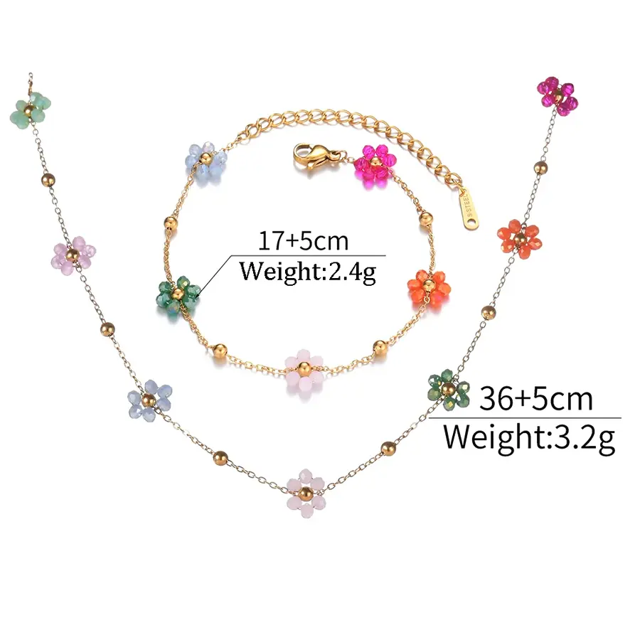 Freeteeme Colorful Artificial Crystal Flower Necklace Bracelet for Women Girl Stainless Steel Jewelry Set Gold Plated Chain Gift