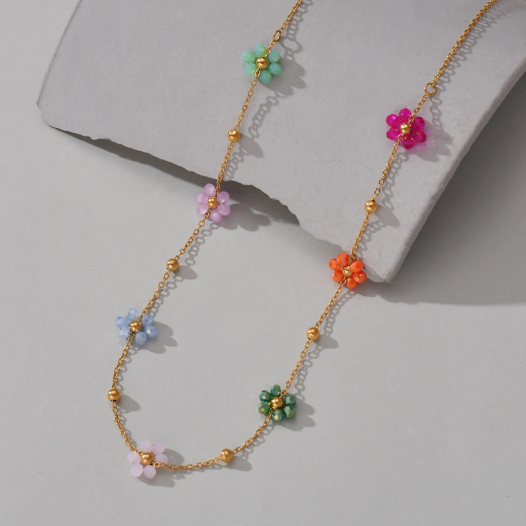 Freeteeme Colorful Artificial Crystal Flower Necklace Bracelet for Women Girl Stainless Steel Jewelry Set Gold Plated Chain Gift