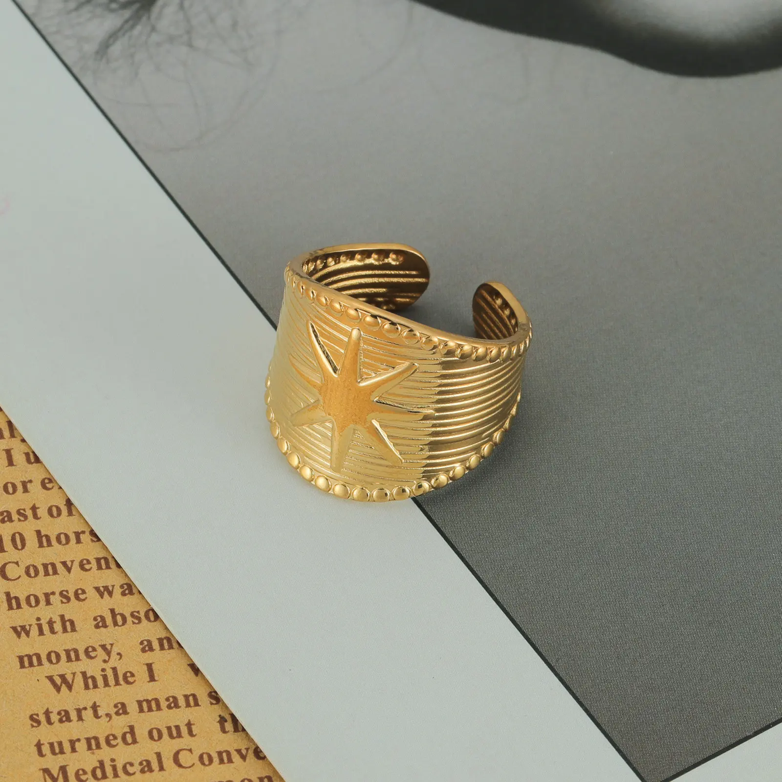 Freeteeme French Style Geometric 14K Gold-plated Ring for Women Stainless Steel Adjustable Open Ring Trendy Jewelry Party Gifts