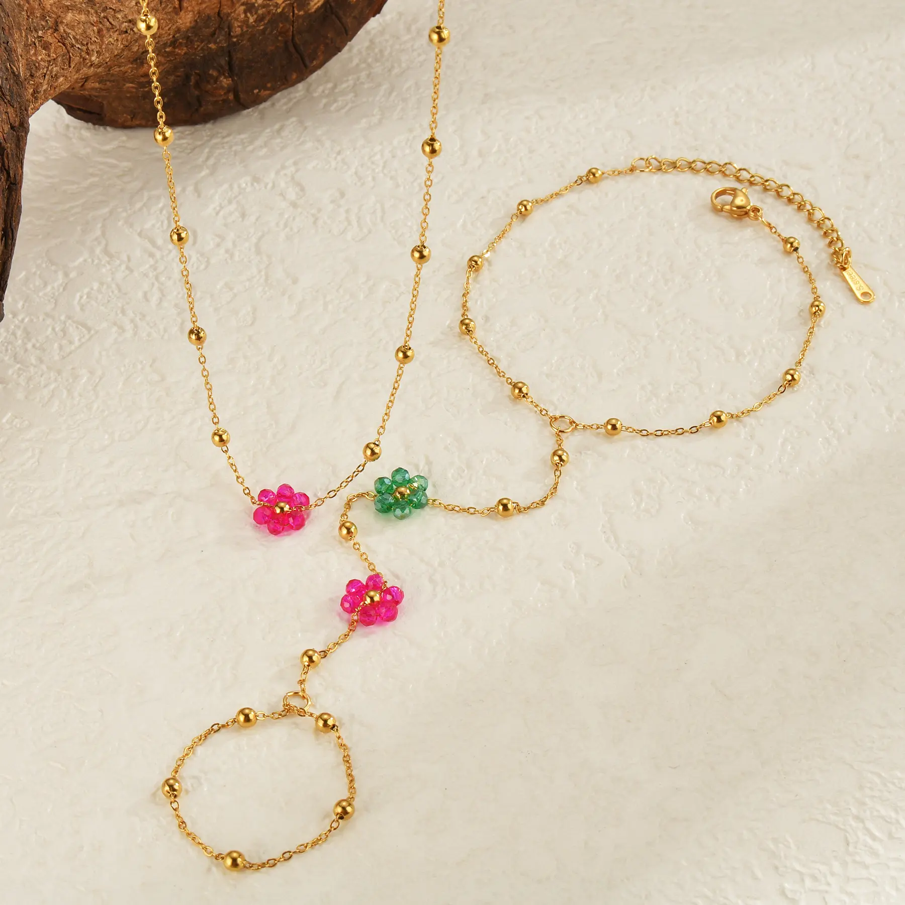 Freeteeme New Trendy Flower Necklace Bracelet for Women Girls Stainless Steel Gold Color Bead Chain Jewelry Set Wedding Gift