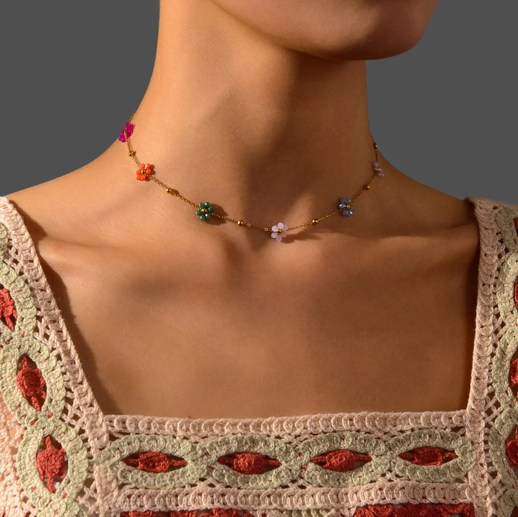 Freeteeme Colorful Artificial Crystal Flower Necklace Bracelet for Women Girl Stainless Steel Jewelry Set Gold Plated Chain Gift
