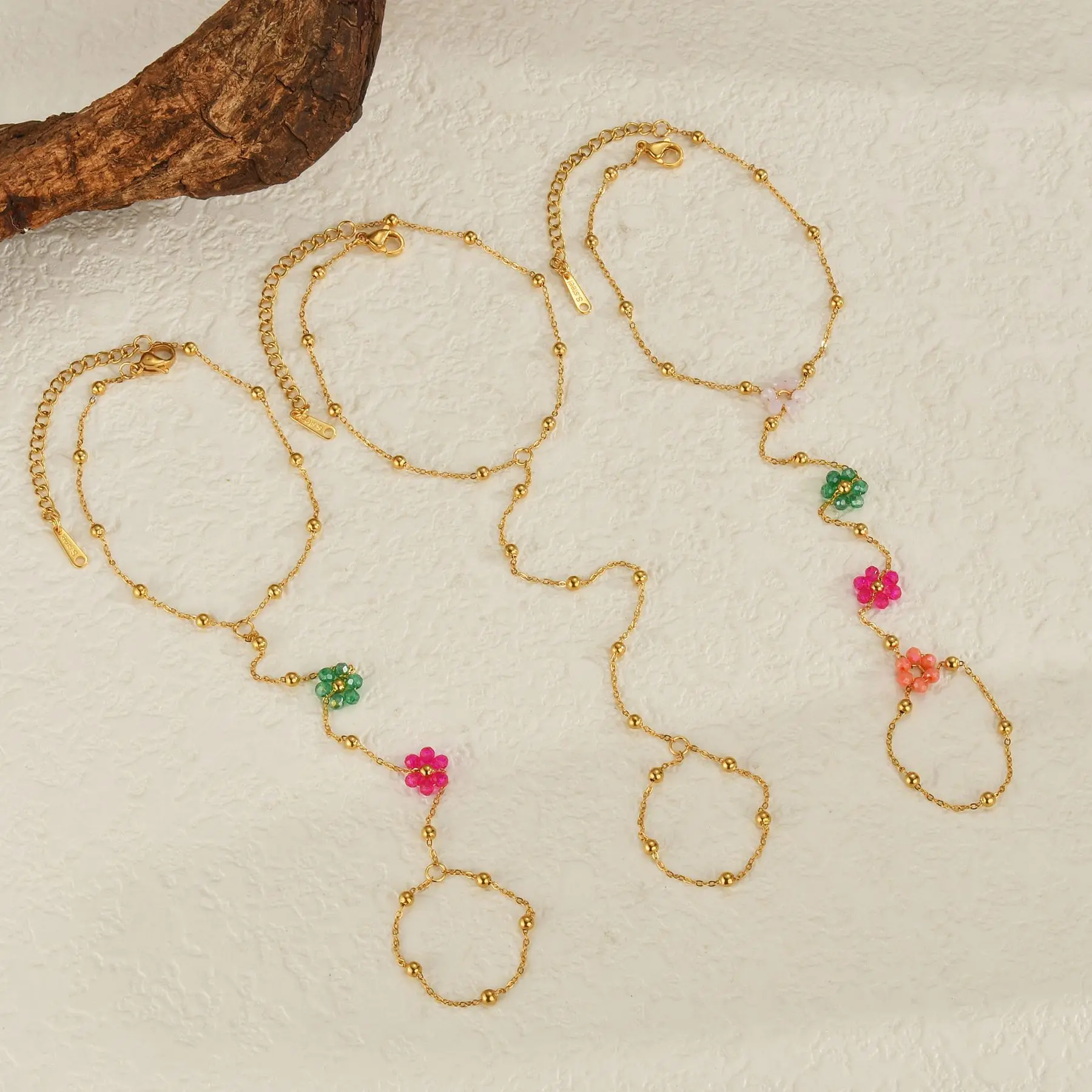 Freeteeme New Trendy Flower Necklace Bracelet for Women Girls Stainless Steel Gold Color Bead Chain Jewelry Set Wedding Gift