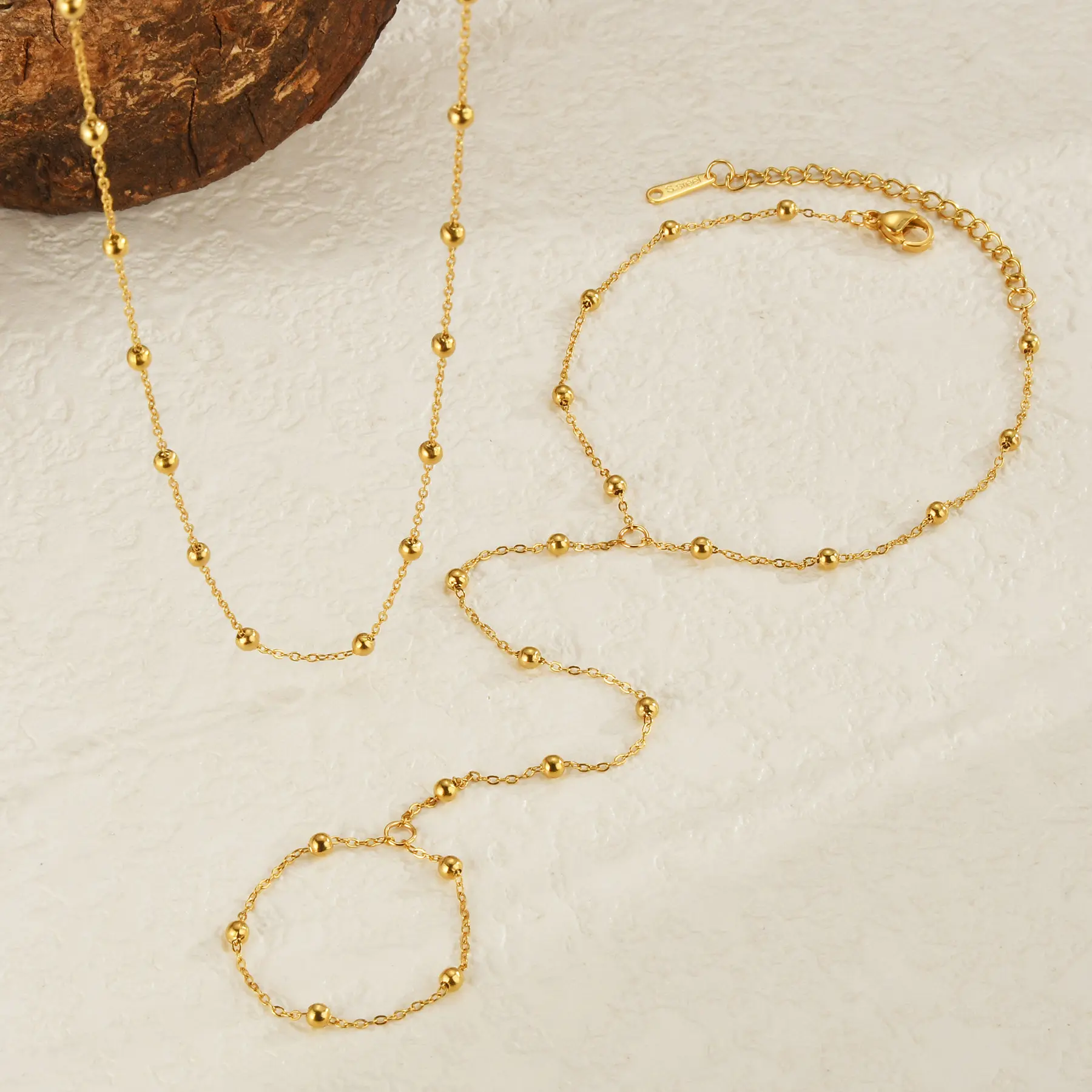 Freeteeme New Trendy Flower Necklace Bracelet for Women Girls Stainless Steel Gold Color Bead Chain Jewelry Set Wedding Gift