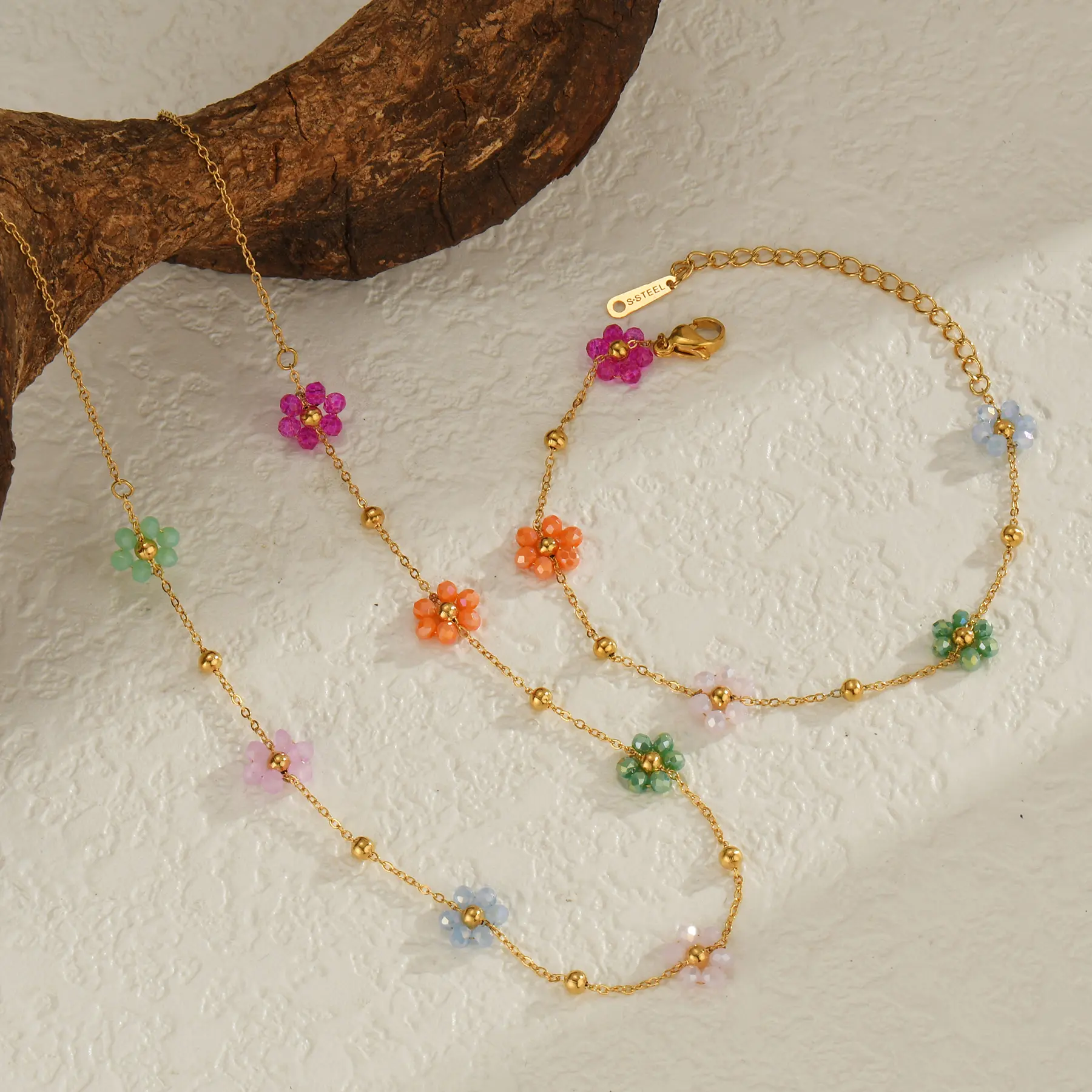 Freeteeme New Trendy Flower Necklace Bracelet for Women Girls Stainless Steel Gold Color Bead Chain Jewelry Set Wedding Gift