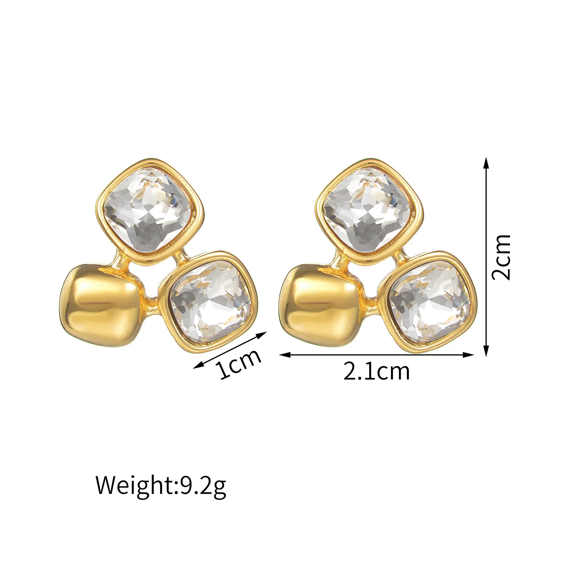 Freeteeme Square Zirconia Stud Earrings Necklace For Women Gold Color Stainless Steel Bling Rhinestone Jewelry Set Couple Gift