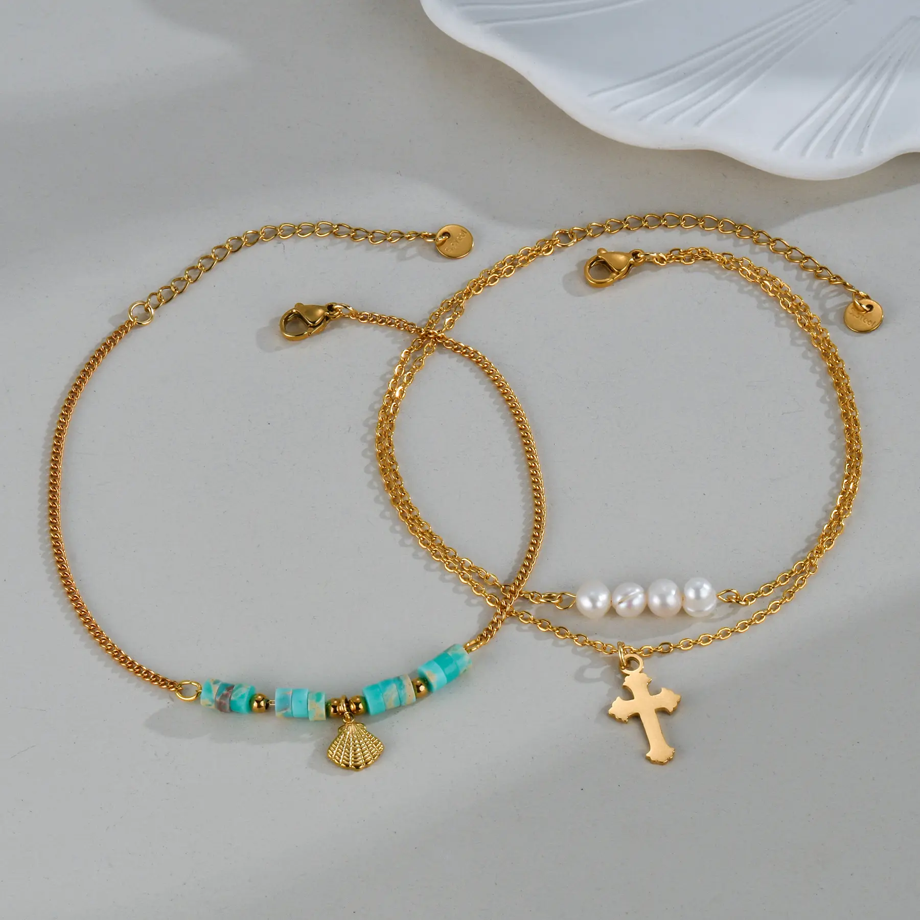 Freeteeme Fashion Shell Imitation Pearl Anklets for Women Stainless Steel Double Layered Cross Foot Chain Jewelry Holiday Gift