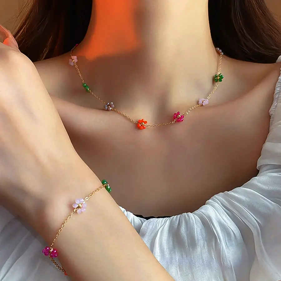 Freeteeme New Trendy Flower Necklace Bracelet for Women Girls Stainless Steel Gold Color Bead Chain Jewelry Set Wedding Gift