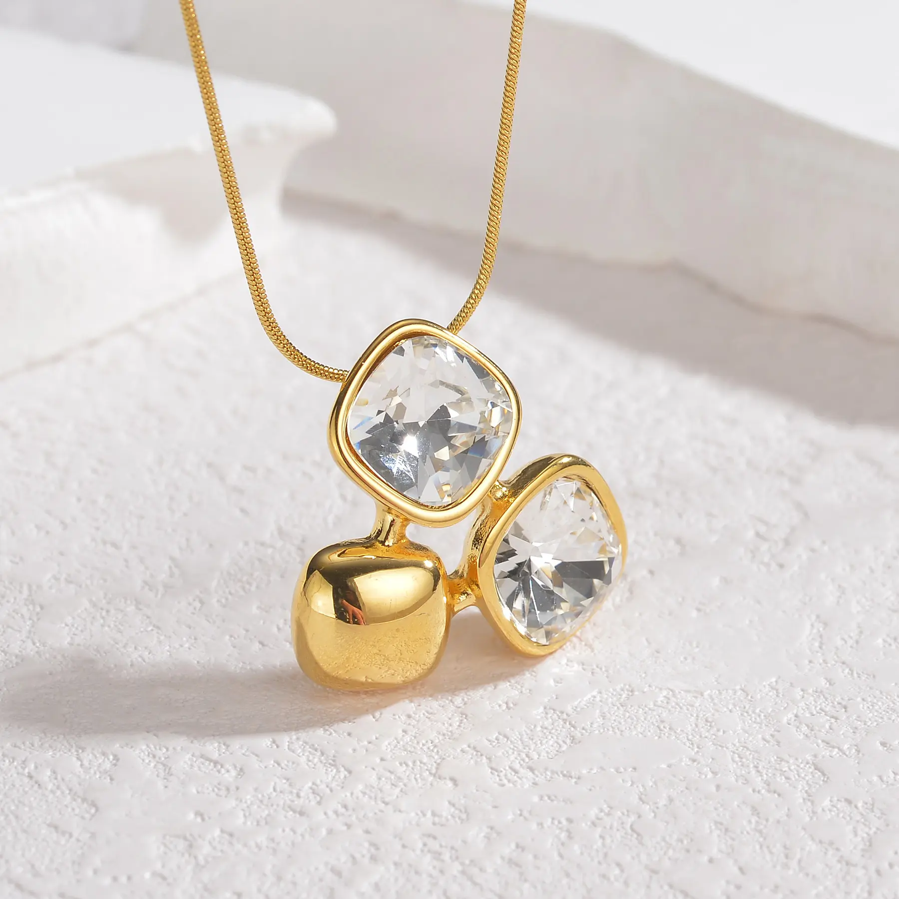 Freeteeme Square Zirconia Stud Earrings Necklace For Women Gold Color Stainless Steel Bling Rhinestone Jewelry Set Couple Gift