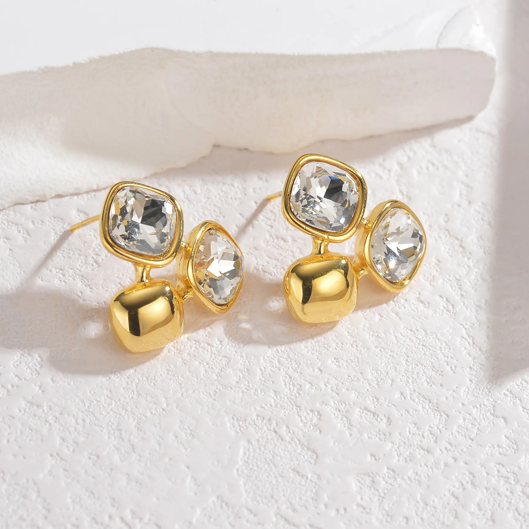 Freeteeme Square Zirconia Stud Earrings Necklace For Women Gold Color Stainless Steel Bling Rhinestone Jewelry Set Couple Gift
