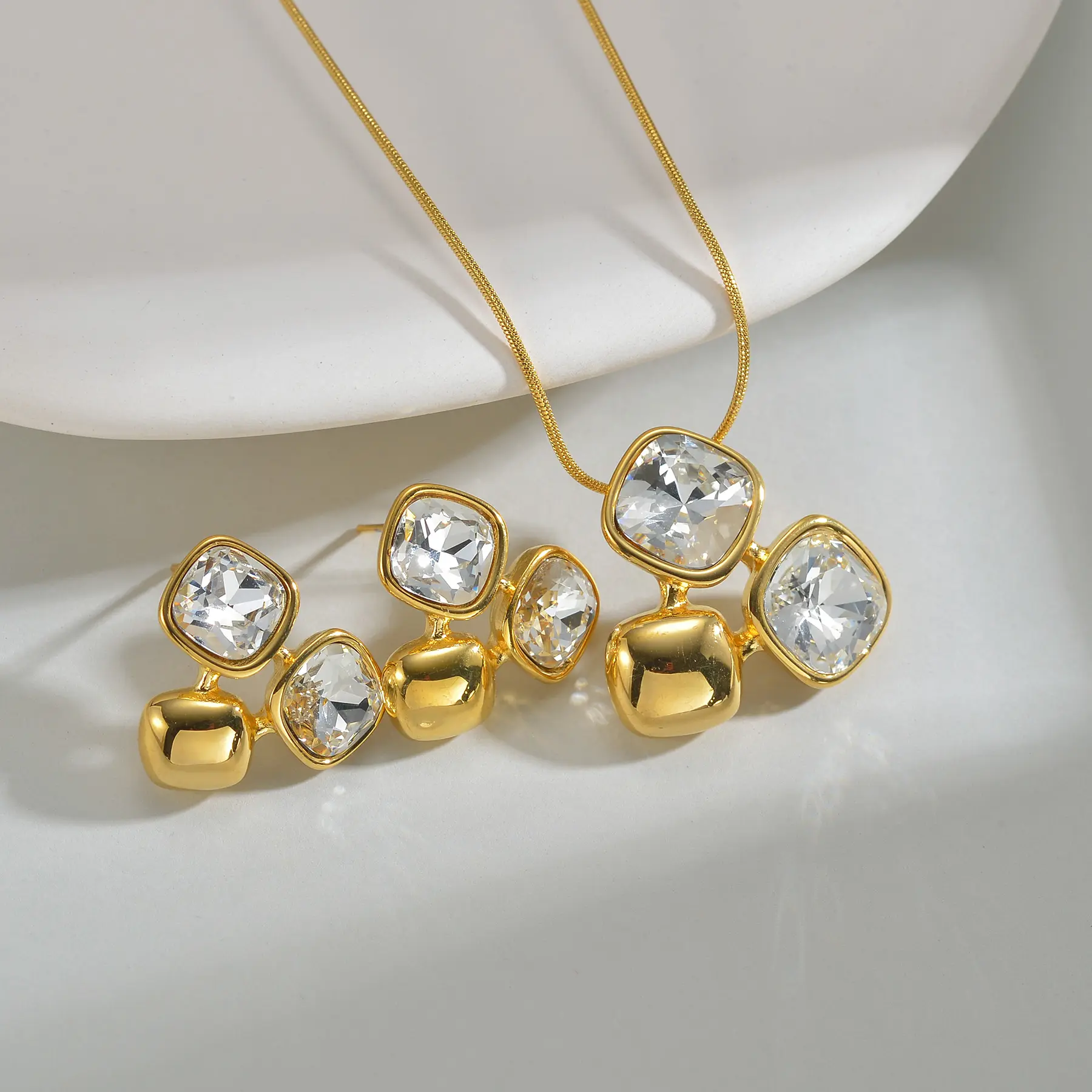 Freeteeme Square Zirconia Stud Earrings Necklace For Women Gold Color Stainless Steel Bling Rhinestone Jewelry Set Couple Gift