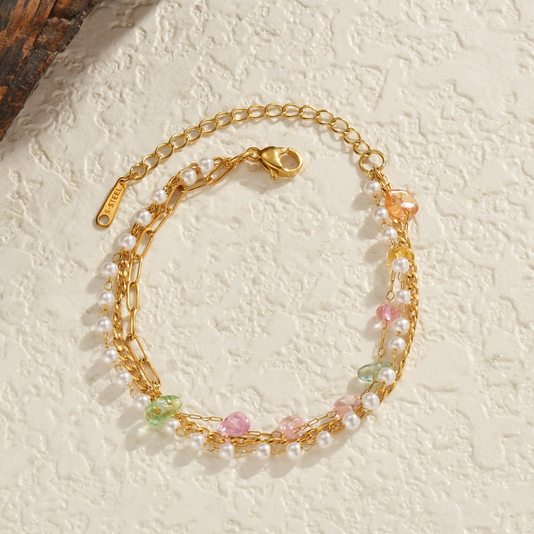 Freeteeme Multi-layer Chain Colored Gravel Bracelet Women Fashion Stainless Steel Imitation Pearl Chain Summer Jewelry Bijoux
