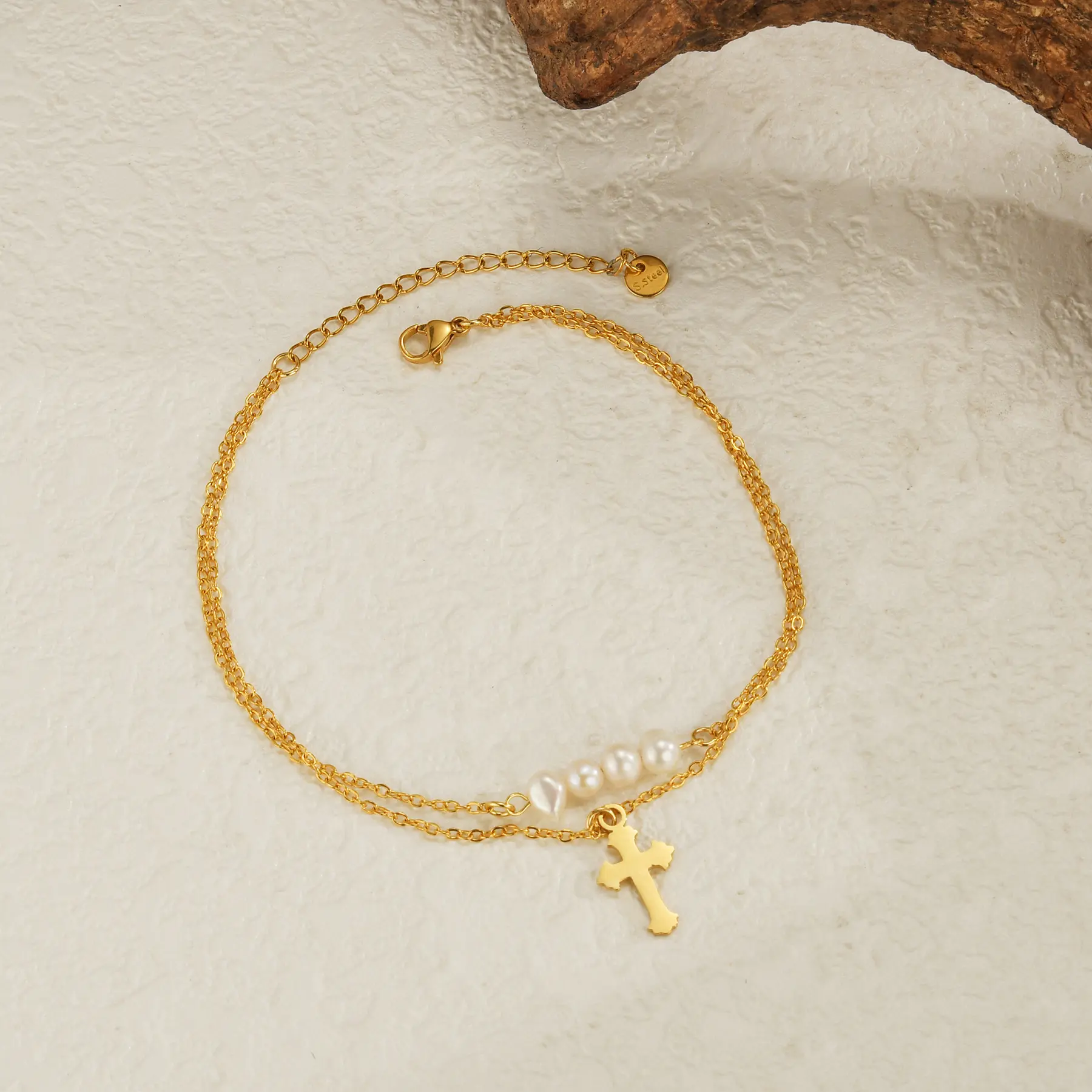 Freeteeme Fashion Shell Imitation Pearl Anklets for Women Stainless Steel Double Layered Cross Foot Chain Jewelry Holiday Gift