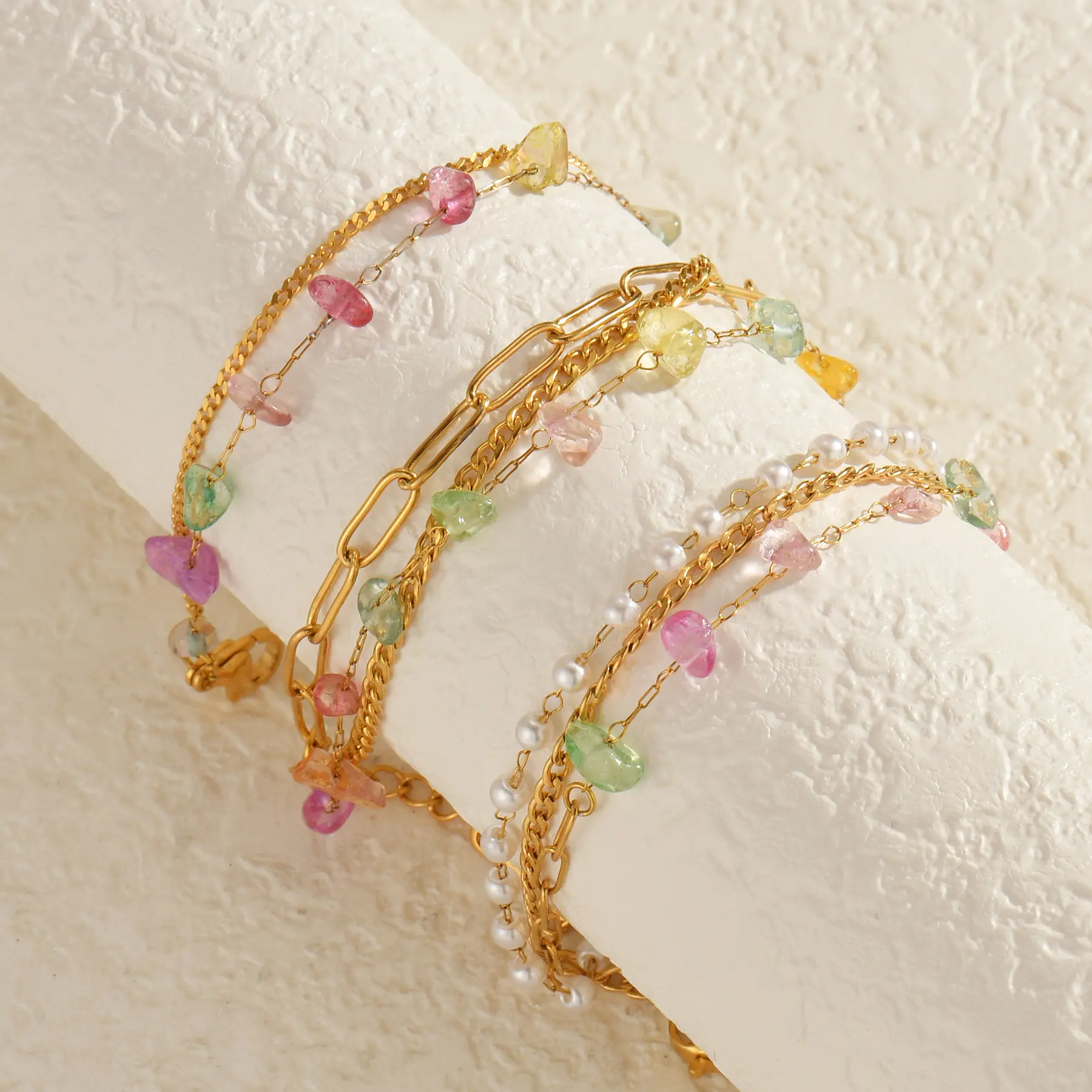 Freeteeme Multi-layer Chain Colored Gravel Bracelet Women Fashion Stainless Steel Imitation Pearl Chain Summer Jewelry Bijoux
