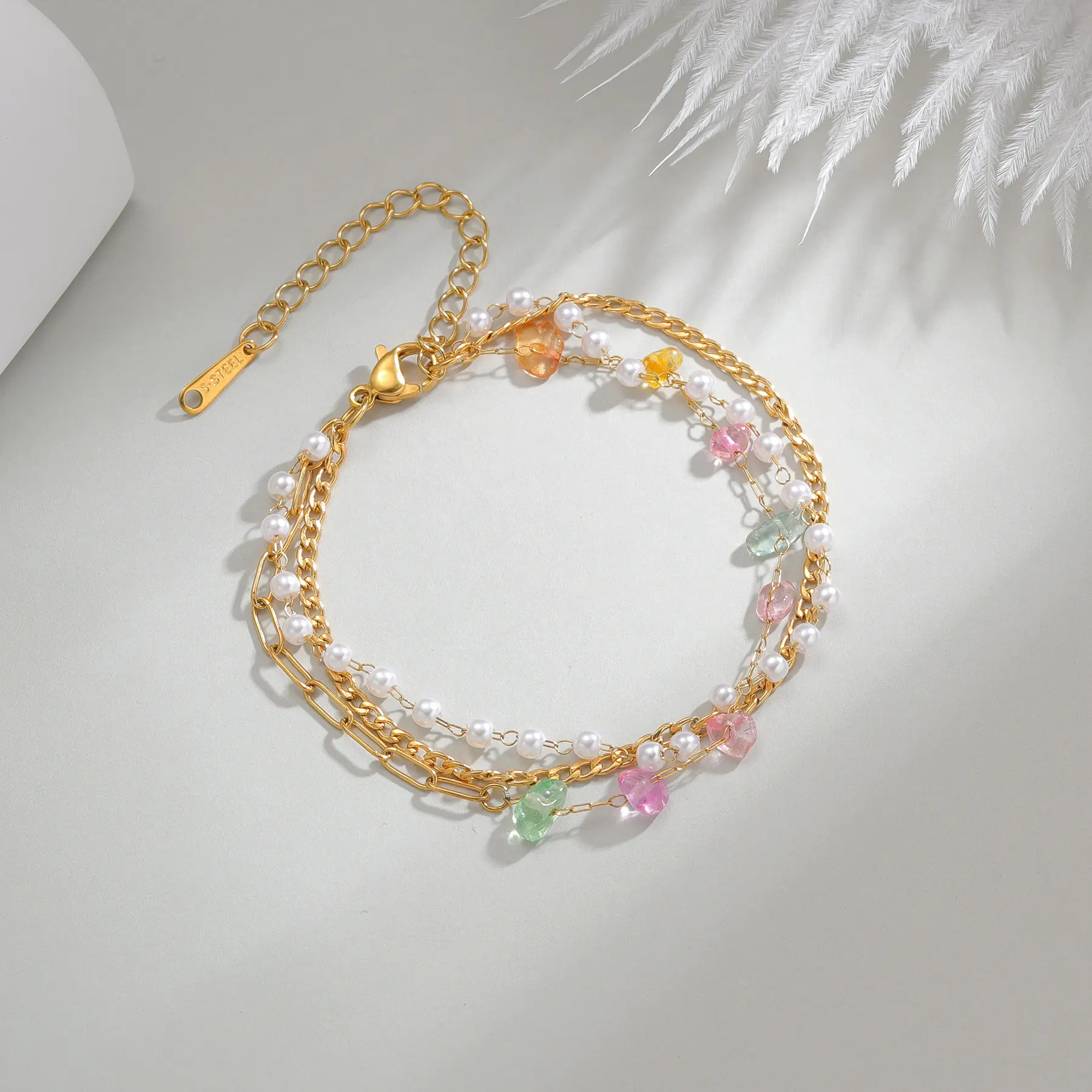 Freeteeme Multi-layer Chain Colored Gravel Bracelet Women Fashion Stainless Steel Imitation Pearl Chain Summer Jewelry Bijoux