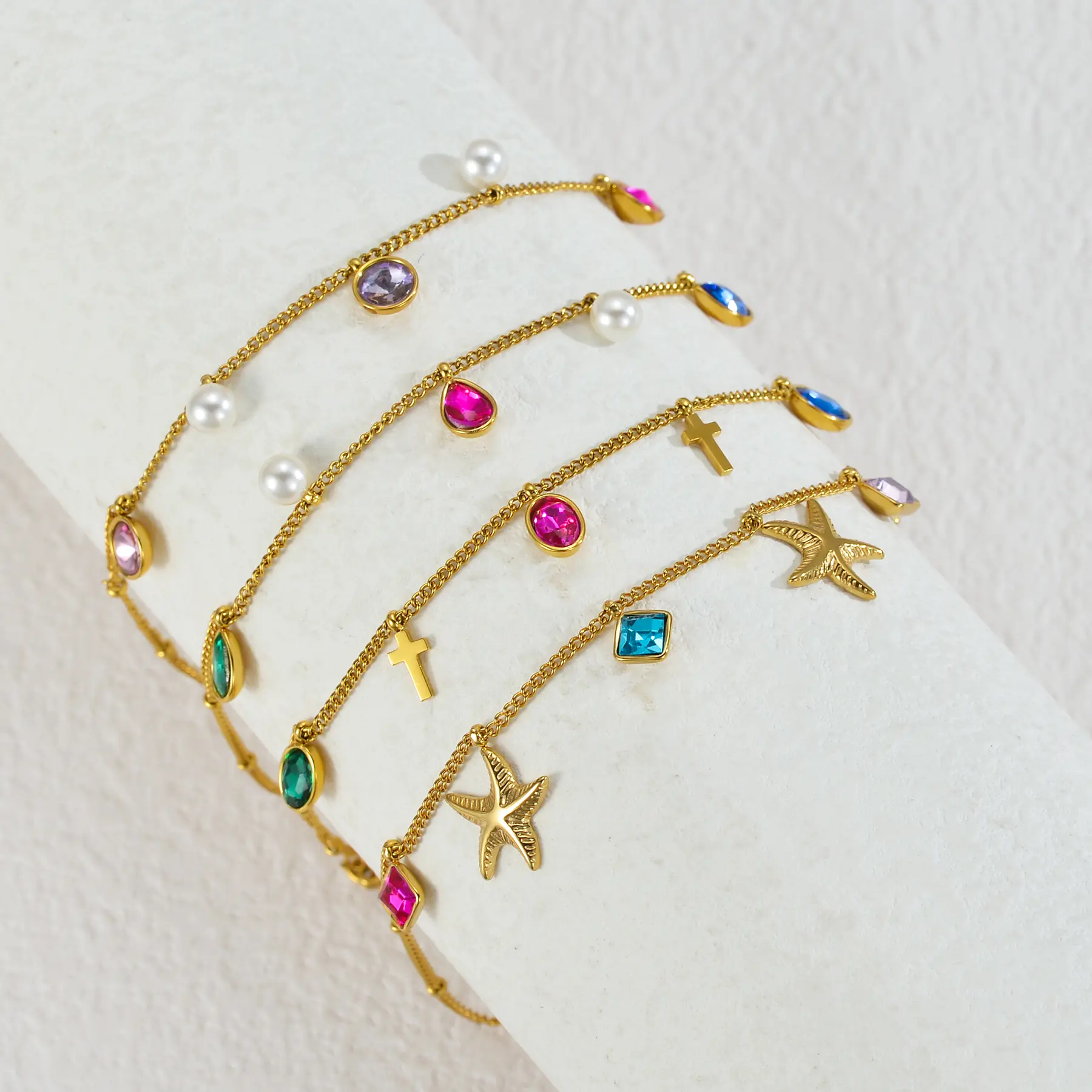 Freeteeme Trendy Colorful Stone Anklet for Women Stainless Steel Cross/Starfish Charm Leg Chain Cute Beach Vacation Jewelry Gift