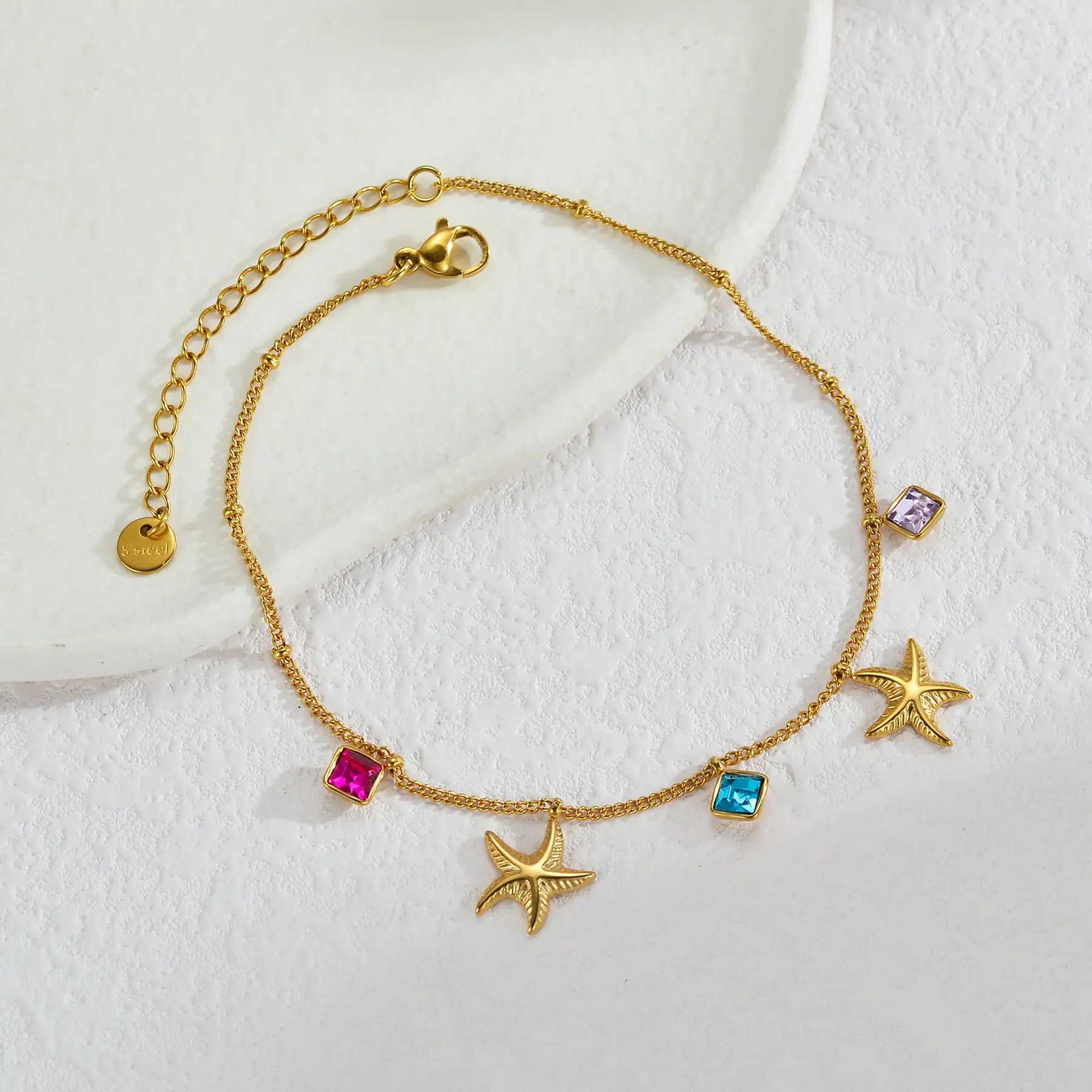 Freeteeme Trendy Colorful Stone Anklet for Women Stainless Steel Cross/Starfish Charm Leg Chain Cute Beach Vacation Jewelry Gift
