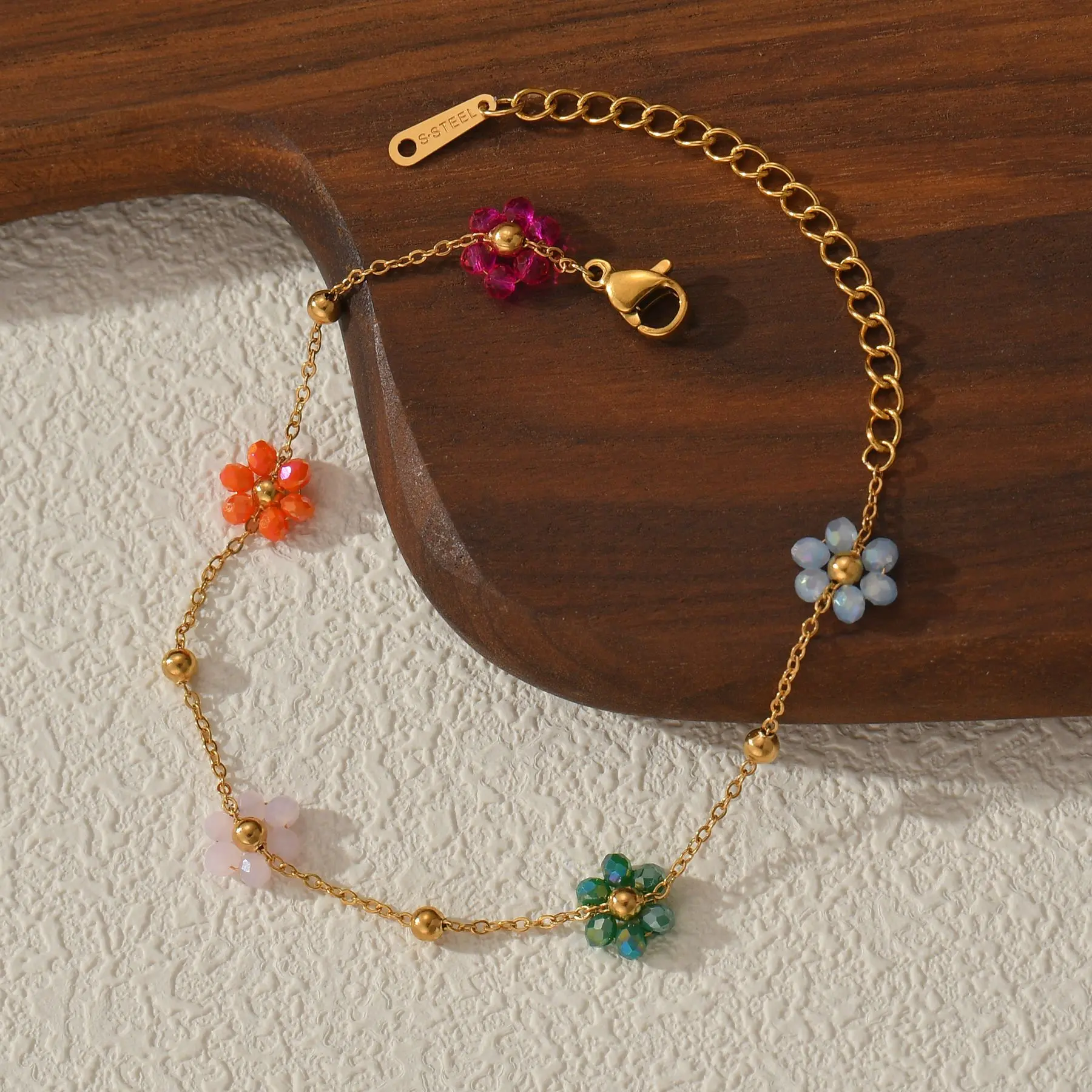 Freeteeme Fashion Colorful Flower Bracelet for Women Girls Stainless Steel Jewelry Gold Color Beads Chain Valentine's Day Gift