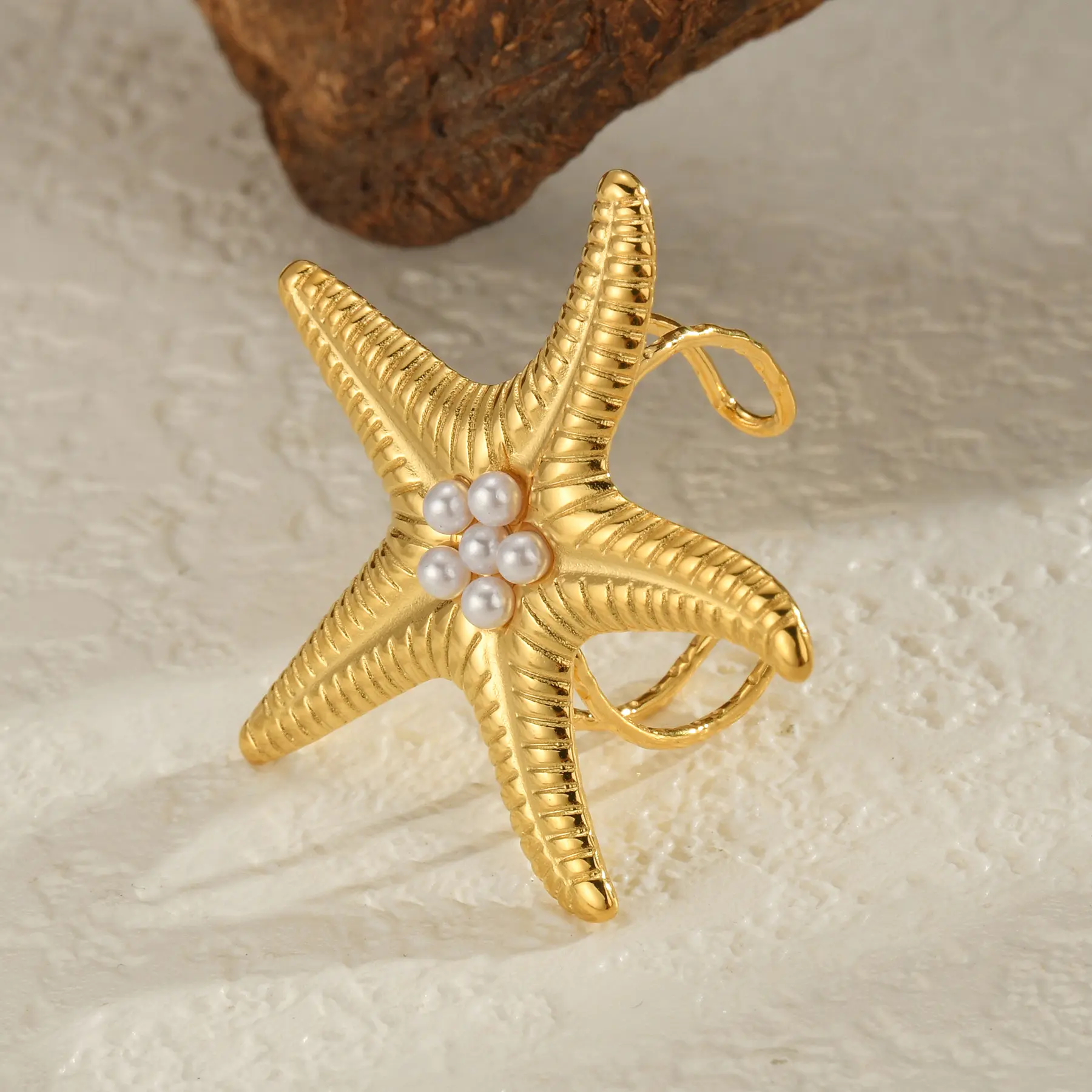 Freeteeme Ocean Element Ring for Women Men Stainless Steel Gold Color Starfish Shell Open Rings Sea Series Jewelry Couple Gift