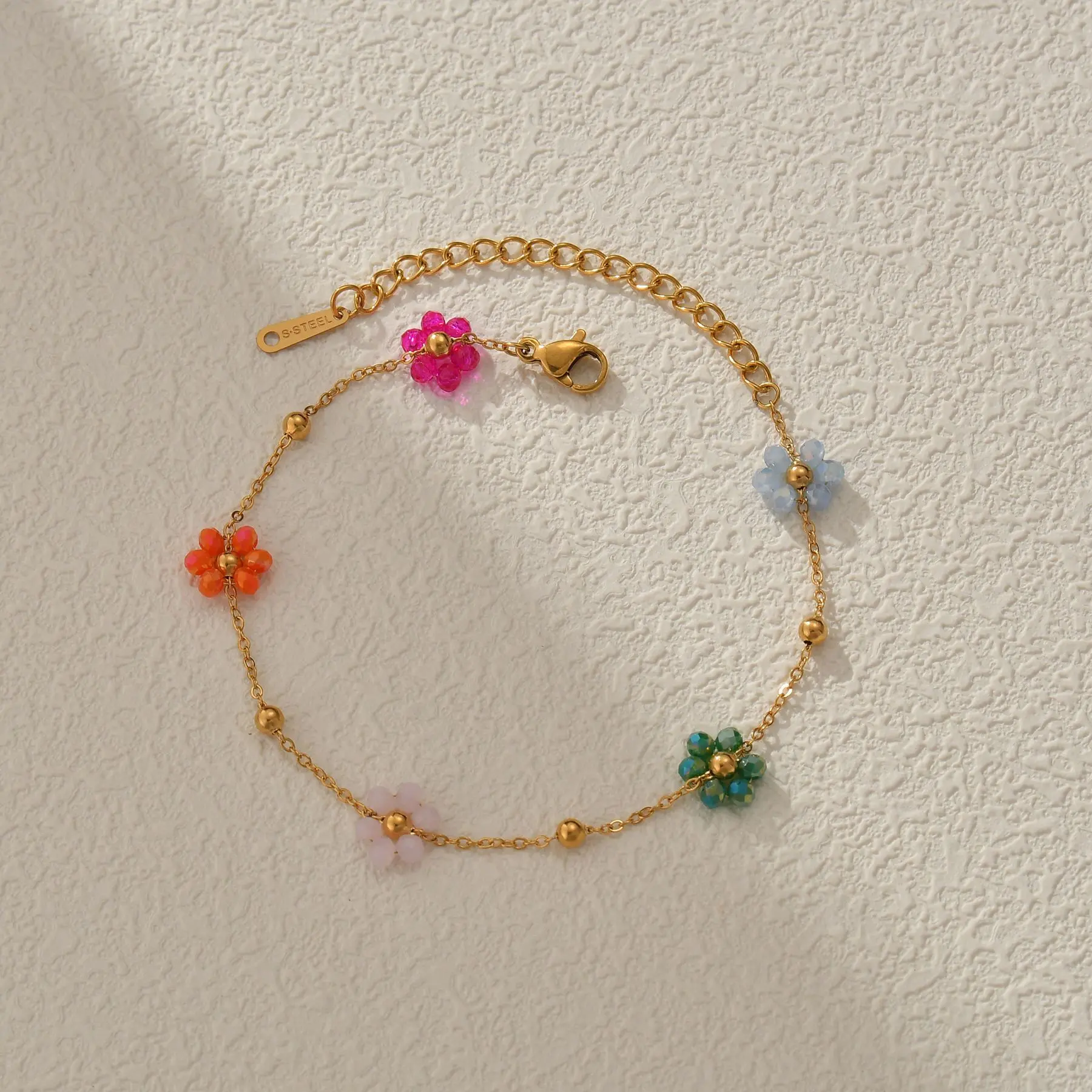 Freeteeme Fashion Colorful Flower Bracelet for Women Girls Stainless Steel Jewelry Gold Color Beads Chain Valentine's Day Gift