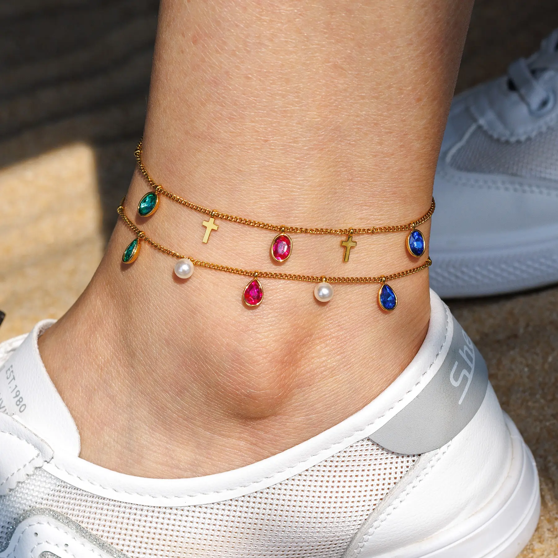 Freeteeme Trendy Colorful Stone Anklet for Women Stainless Steel Cross/Starfish Charm Leg Chain Cute Beach Vacation Jewelry Gift