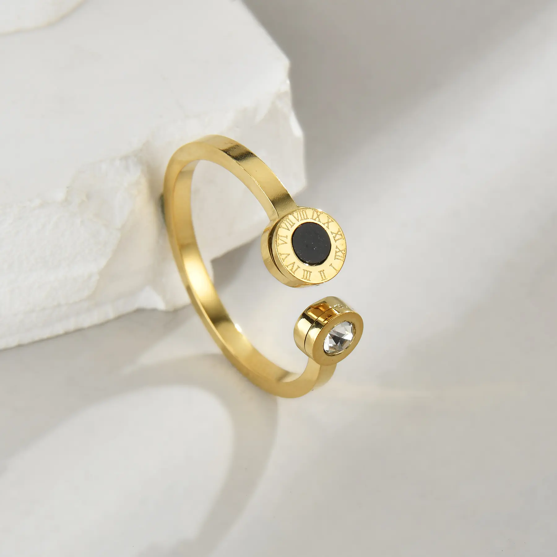 Freeteeme Stainless Steel Roman Numeral Open Rings for Women men Black Shell Adjustable Zircon Ring Fashion Couple Jewelry Gift
