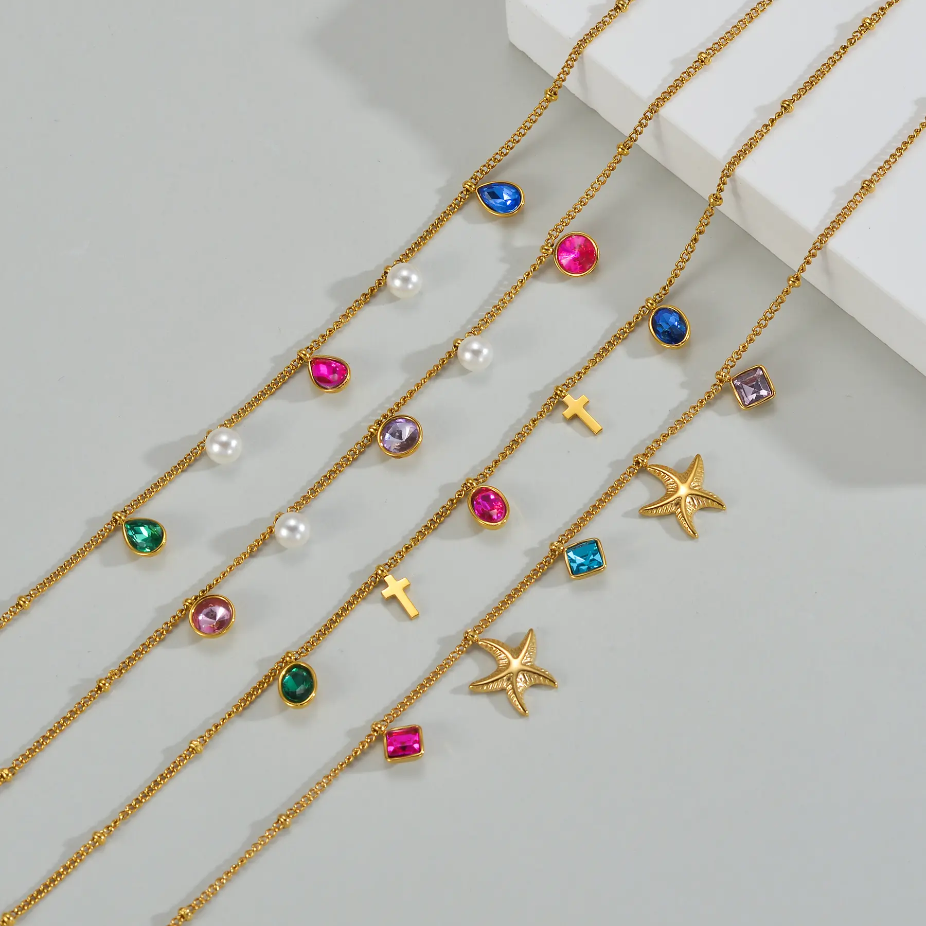 Freeteeme Trendy Colorful Stone Anklet for Women Stainless Steel Cross/Starfish Charm Leg Chain Cute Beach Vacation Jewelry Gift
