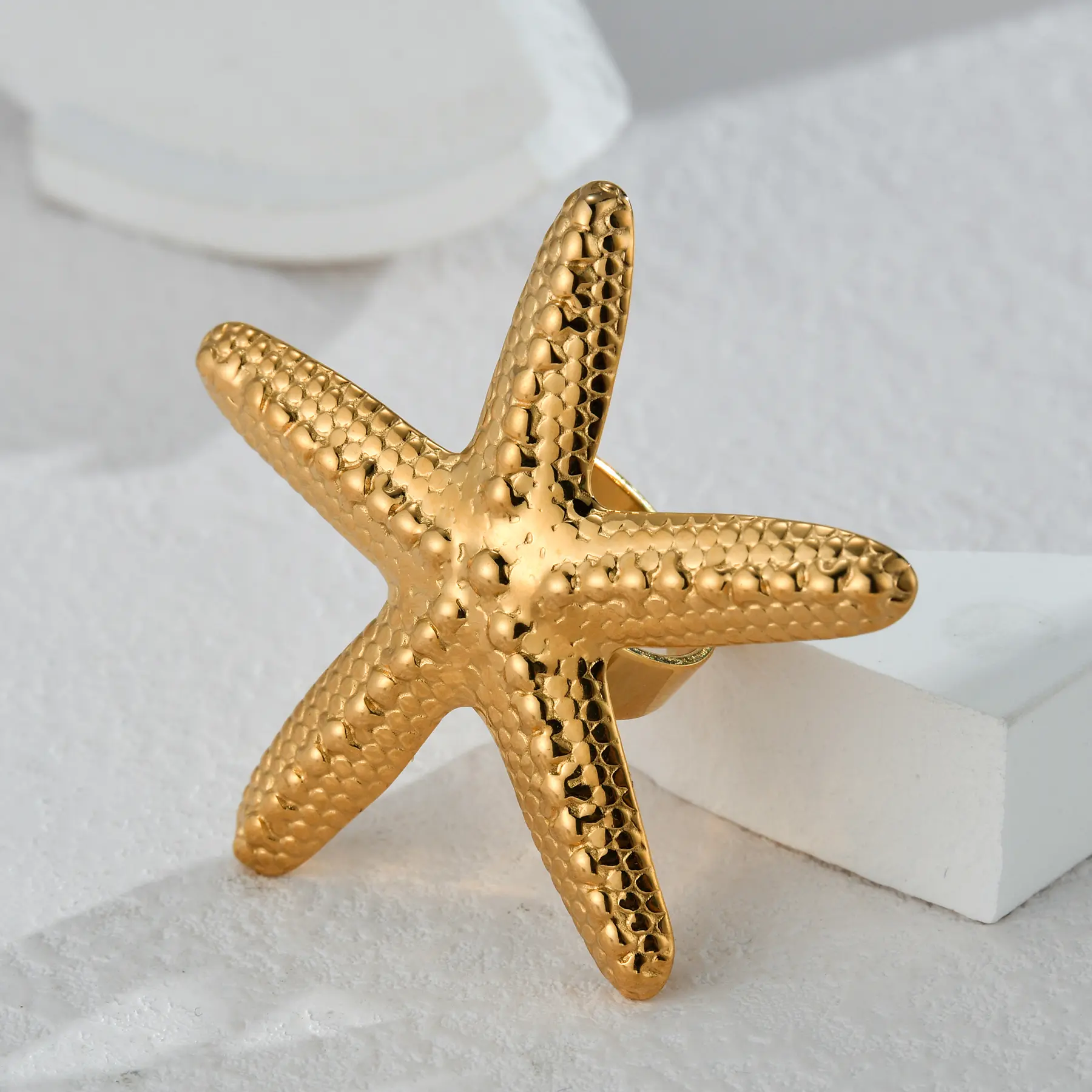 Freeteeme Ocean Element Ring for Women Men Stainless Steel Gold Color Starfish Shell Open Rings Sea Series Jewelry Couple Gift