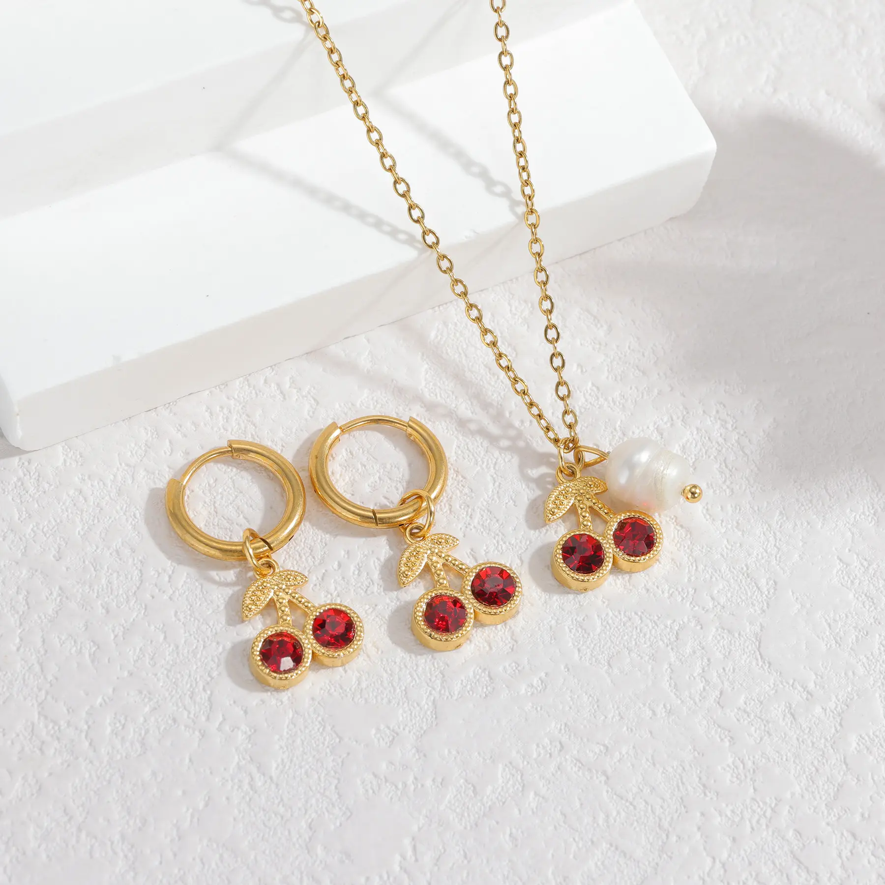 Freeteeme Cute Cherry Necklace Earrings for Women Girls Stainless Steel Cherry Charms Jewelry Set Nice Birthday Christmas Gift