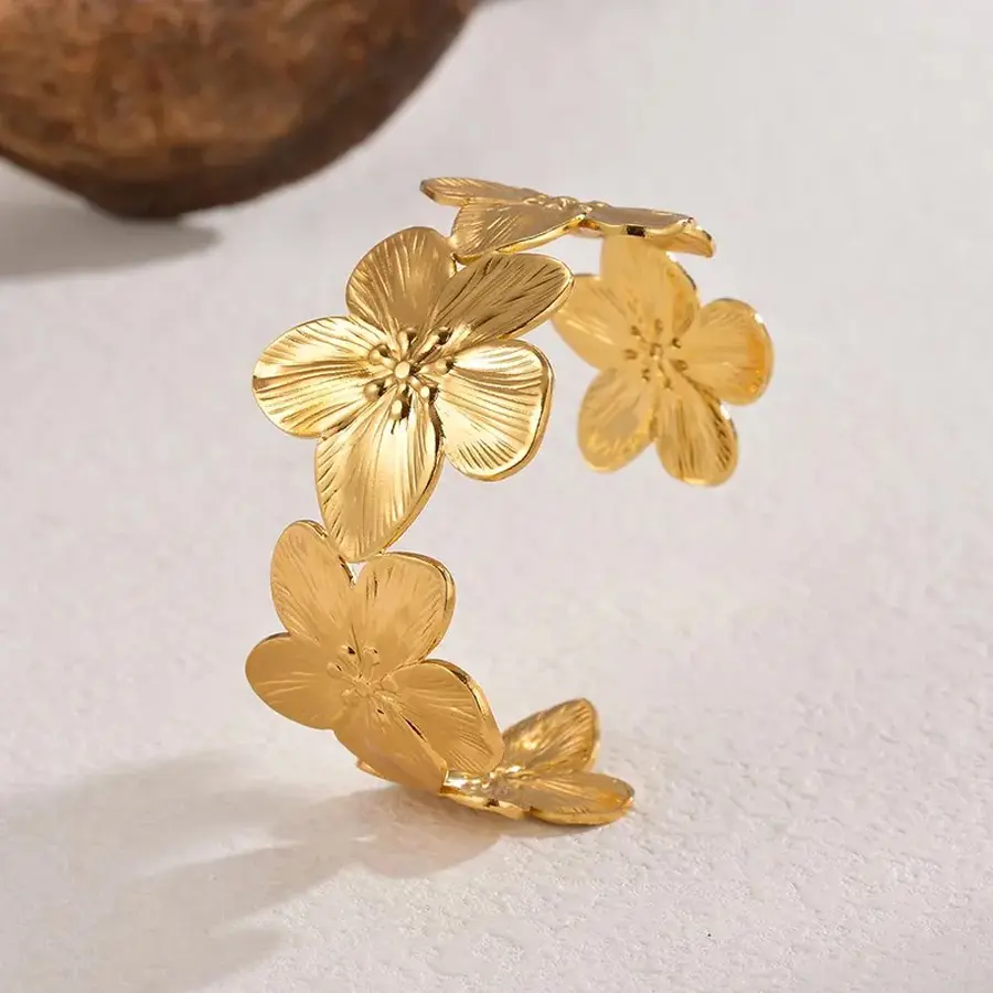 Freeteeme Hot Selling Flower Bangle Ring Earrings for Women Stainless Steel Exquisite Gold Color Wedding Jewelry Set Party Gift