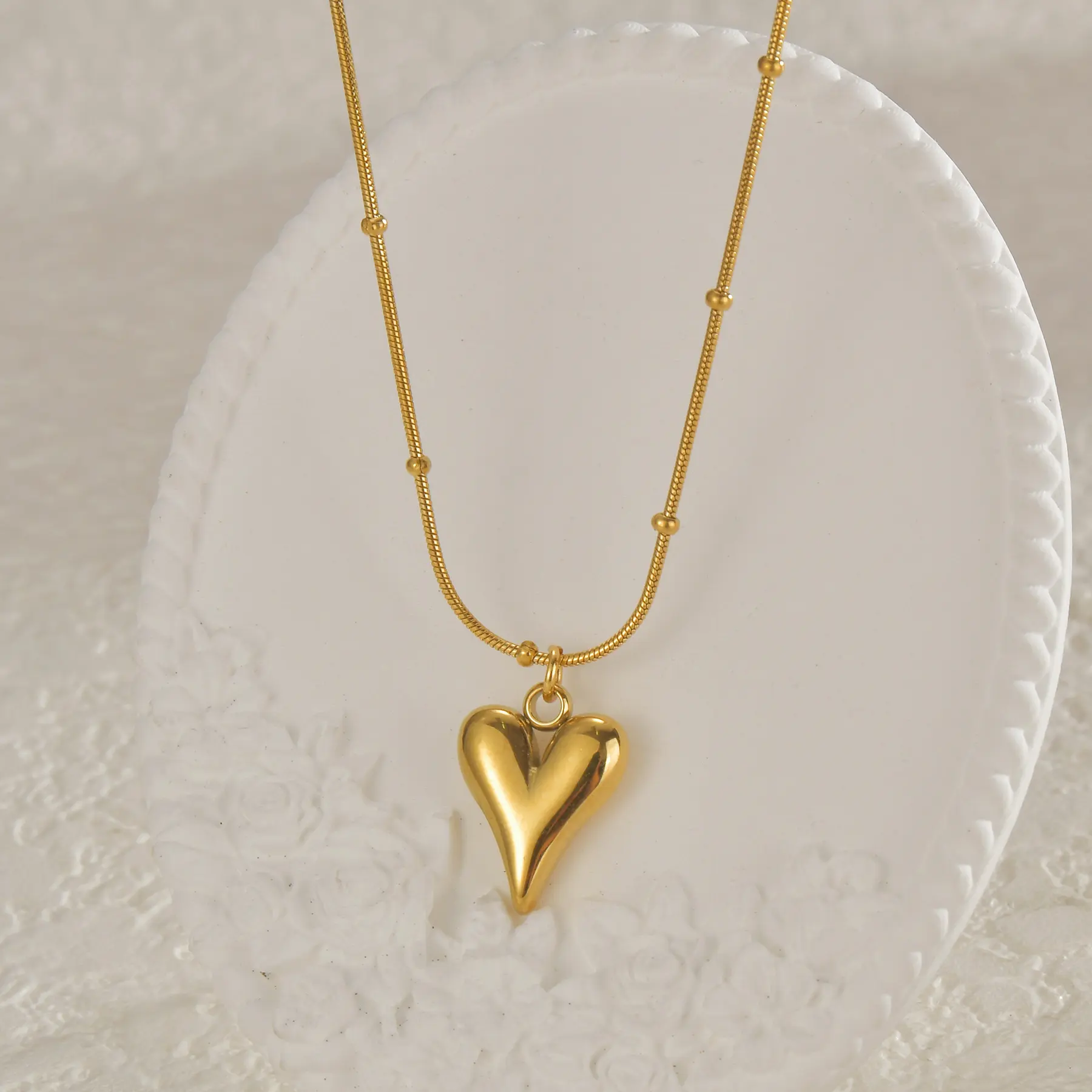 Freeteeme Heart Necklace Earrings Set for Women Stainless Steel Fashion Gold Color Bead Chain Pendant Jewelry Set Bijoux Femme