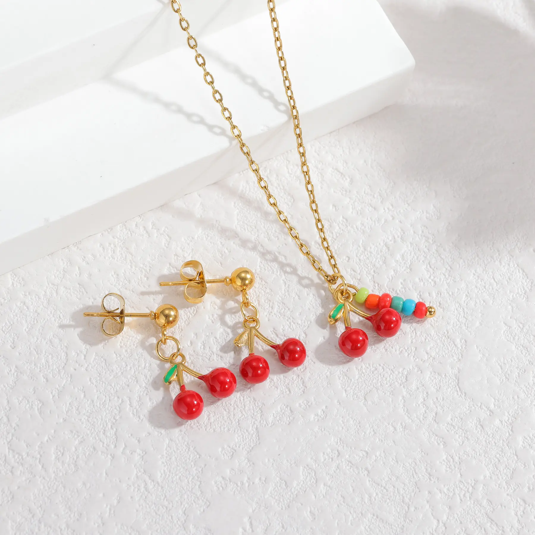Freeteeme Cute Cherry Necklace Earrings for Women Girls Stainless Steel Cherry Charms Jewelry Set Nice Birthday Christmas Gift