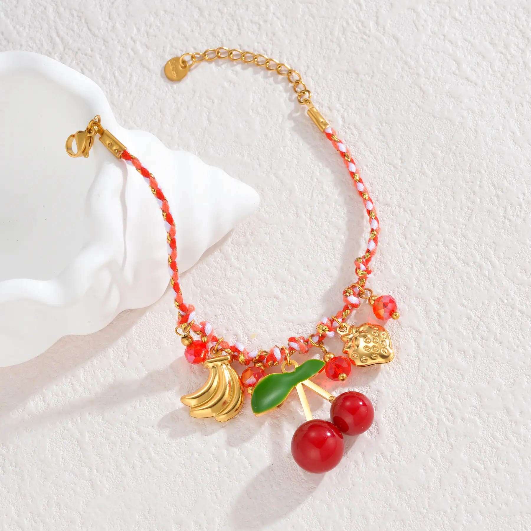 Freeteeme Trendy Colored Braided Rope Chain Necklace Bracelet for Women Cherry Heart Gold Color Multi-Charms Jewelry Set Gifts