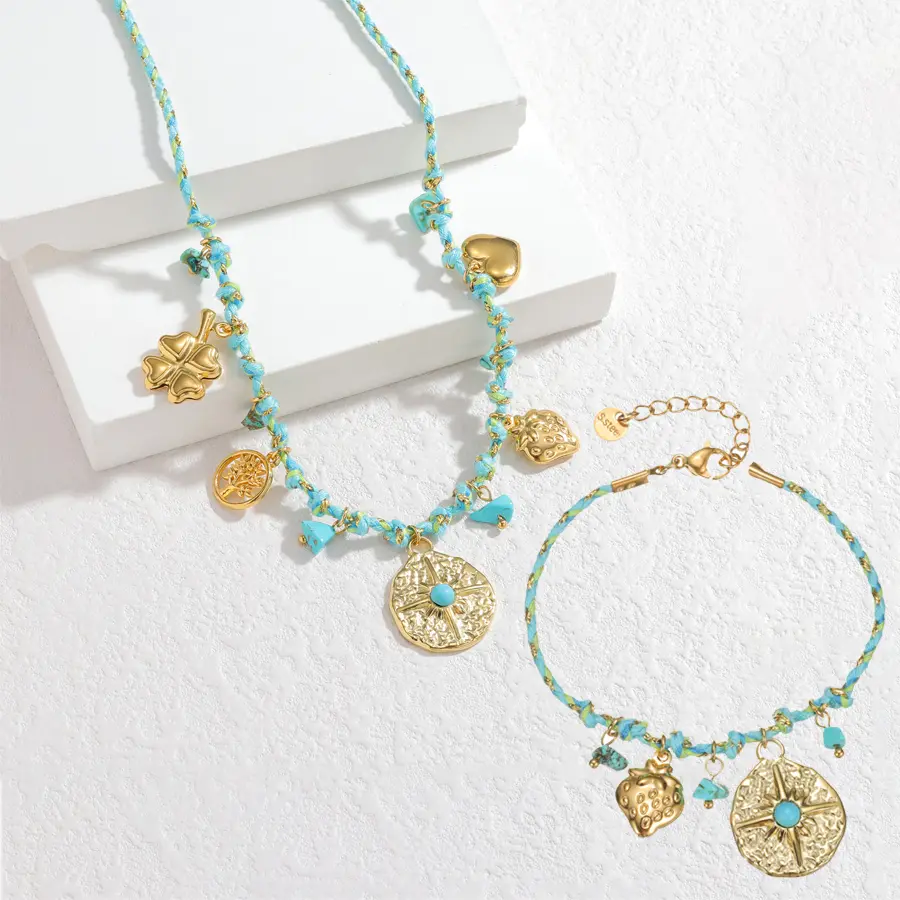 Freeteeme Trendy Colored Braided Rope Chain Necklace Bracelet for Women Cherry Heart Gold Color Multi-Charms Jewelry Set Gifts