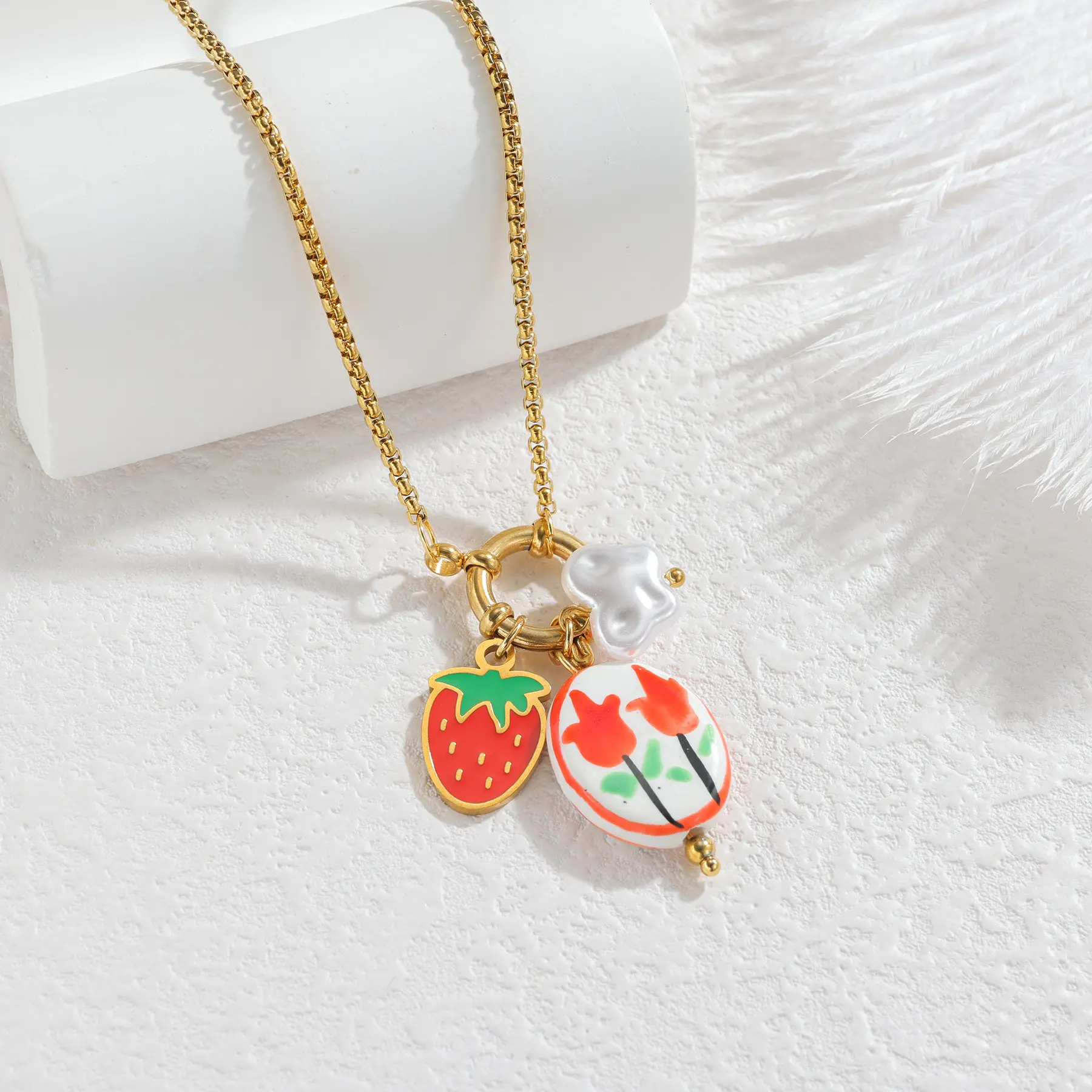 Freeteeme New High-End Multi-Charms Necklace for Women Men Stainless Steel Ceramic Flower Shell Necklaces Birthday Jewelry Gifts