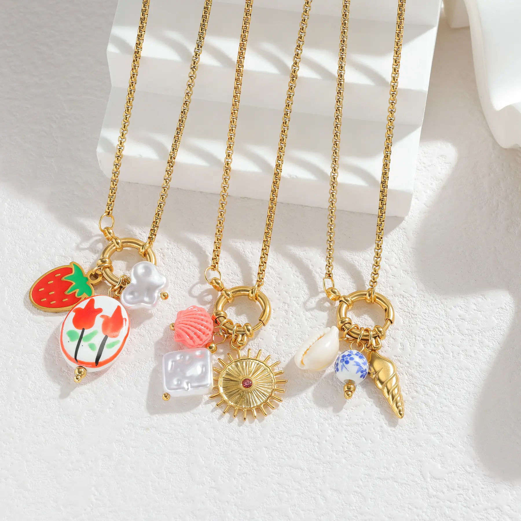 Freeteeme New High-End Multi-Charms Necklace for Women Men Stainless Steel Ceramic Flower Shell Necklaces Birthday Jewelry Gifts