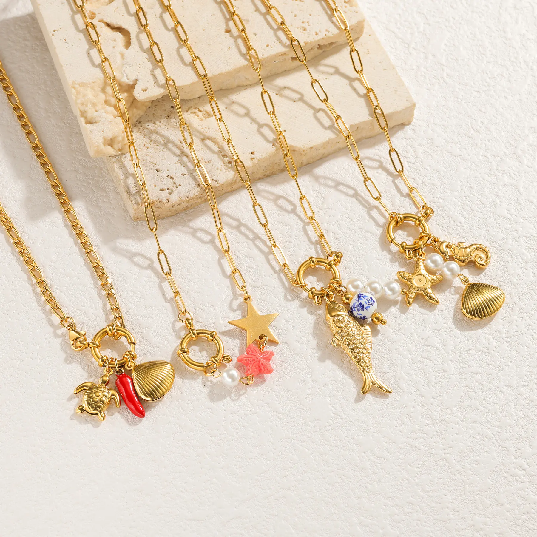 Freeteeme Stylish Shell Starfish Pendant Necklace for Women Gold Color Ocean Series Multi-Charms Necklaces Fashion Holiday Gifts