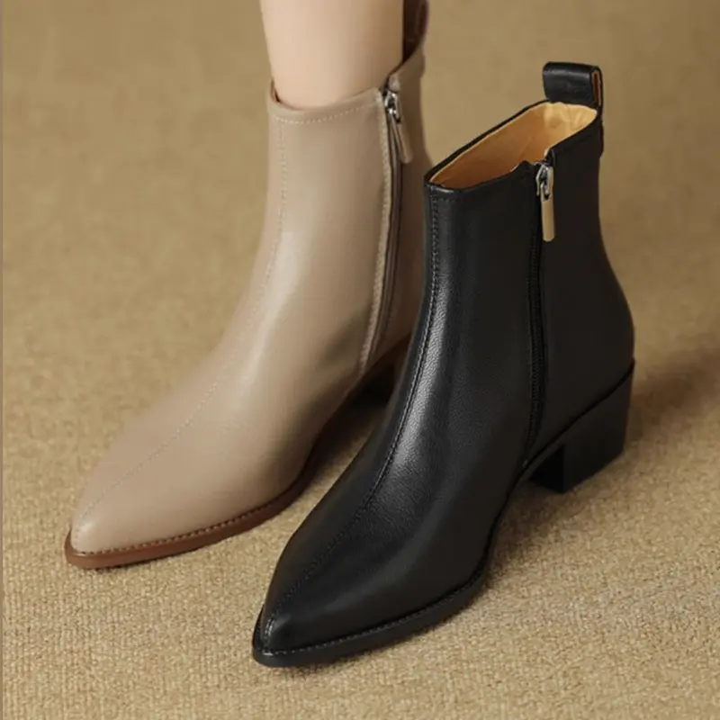 2025 Black Leather Women Ankle Boots Side Zipper Decor Flats Chelsea Botas Mujer Vintage Brown Autumn Knight Botines Femmes