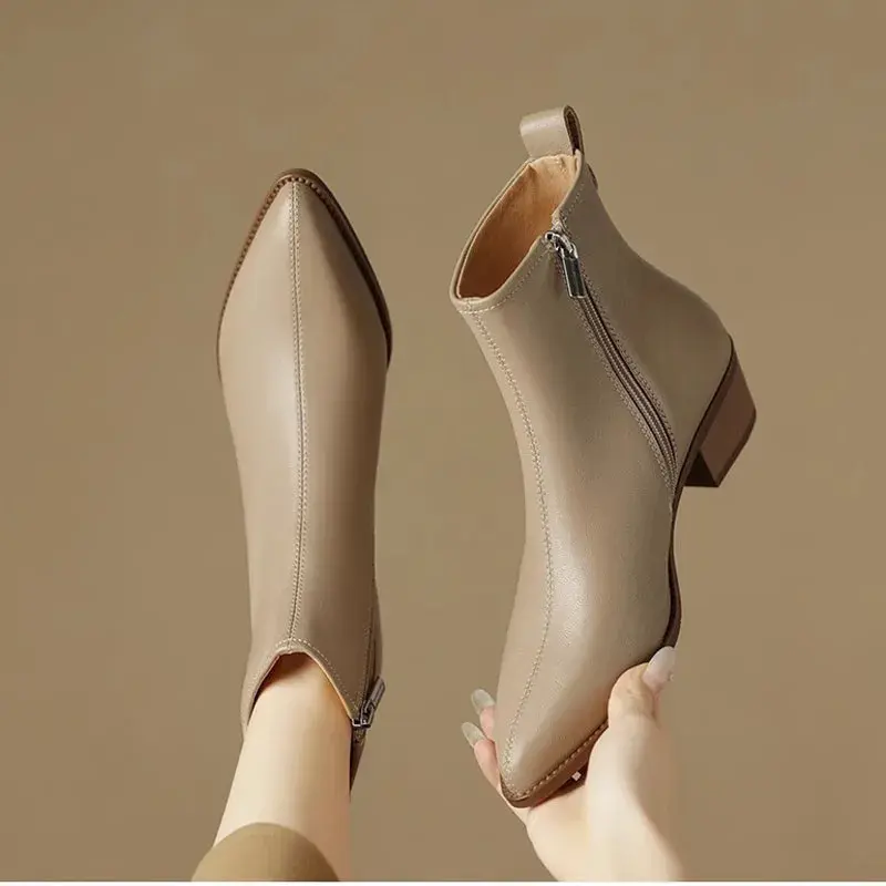 2025 Black Leather Women Ankle Boots Side Zipper Decor Flats Chelsea Botas Mujer Vintage Brown Autumn Knight Botines Femmes