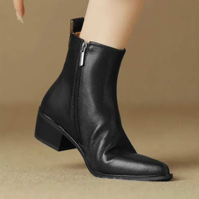 2025 Black Leather Women Ankle Boots Side Zipper Decor Flats Chelsea Botas Mujer Vintage Brown Autumn Knight Botines Femmes