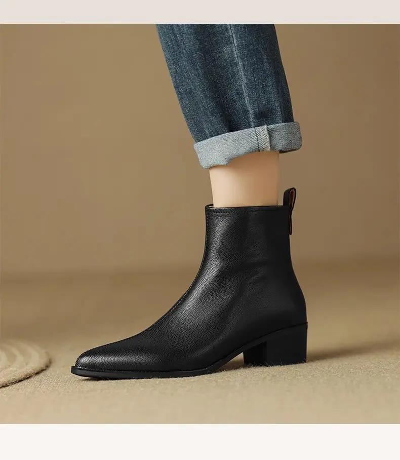 2025 Black Leather Women Ankle Boots Side Zipper Decor Flats Chelsea Botas Mujer Vintage Brown Autumn Knight Botines Femmes