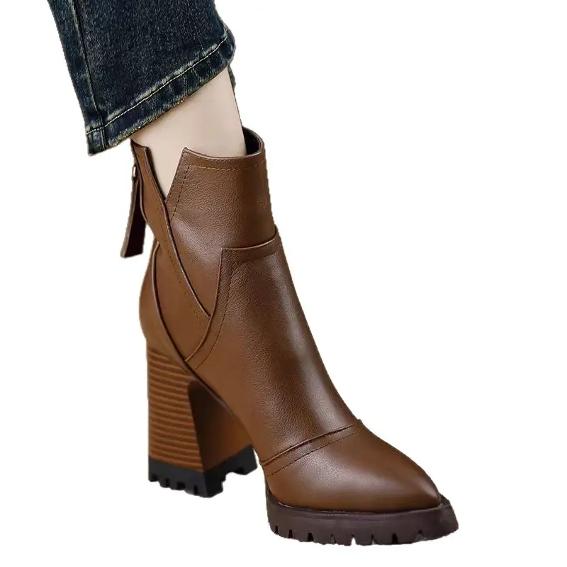 Women's High-heeled Ankle Boots  Fashion Pointed Toe Zipper British Retro Anti Slip Women's Short Boots Botas Mujer